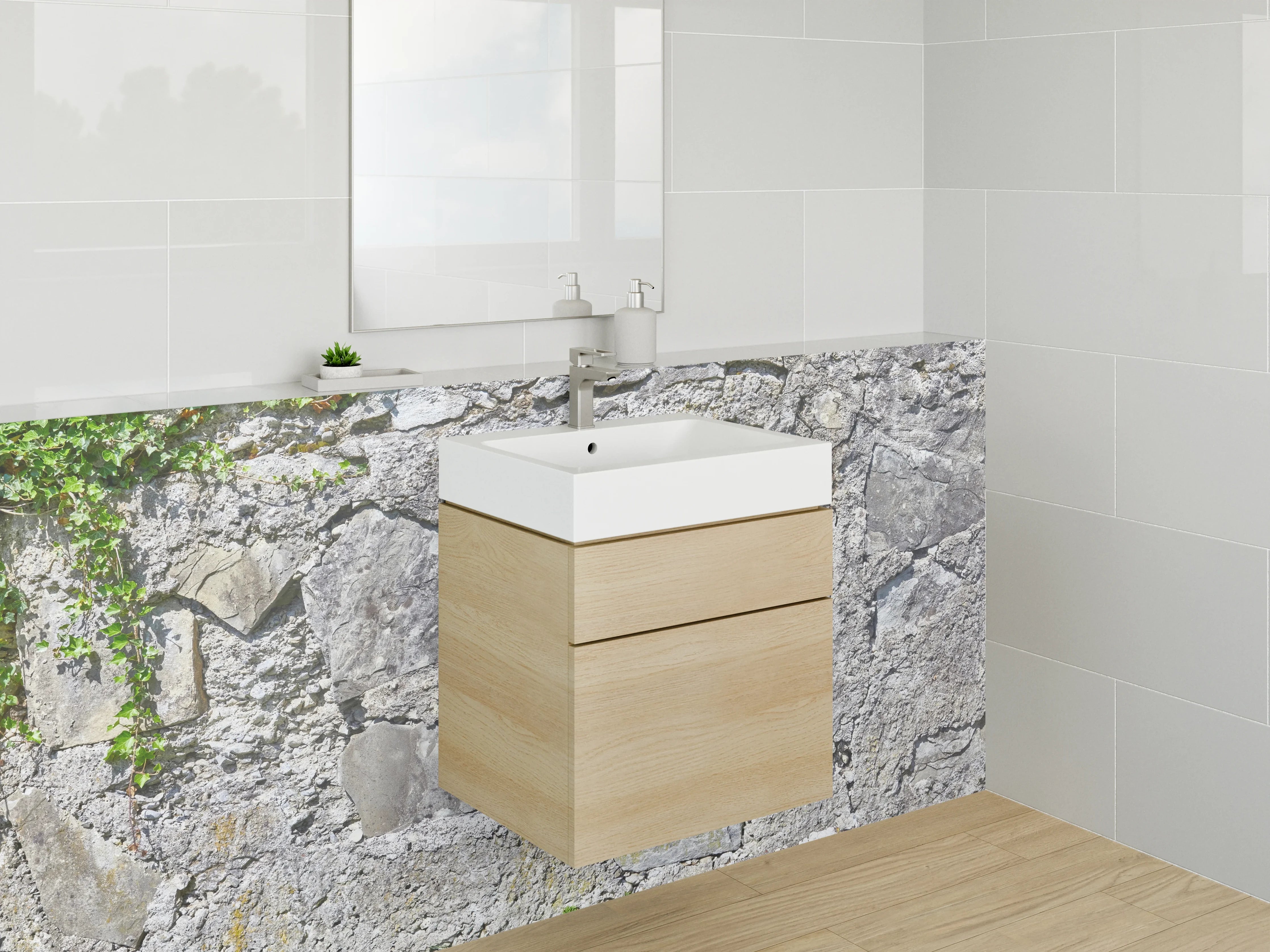 Waschbecken-Rückwand - Rustikale Steinmauer mit grauem Kalkstein