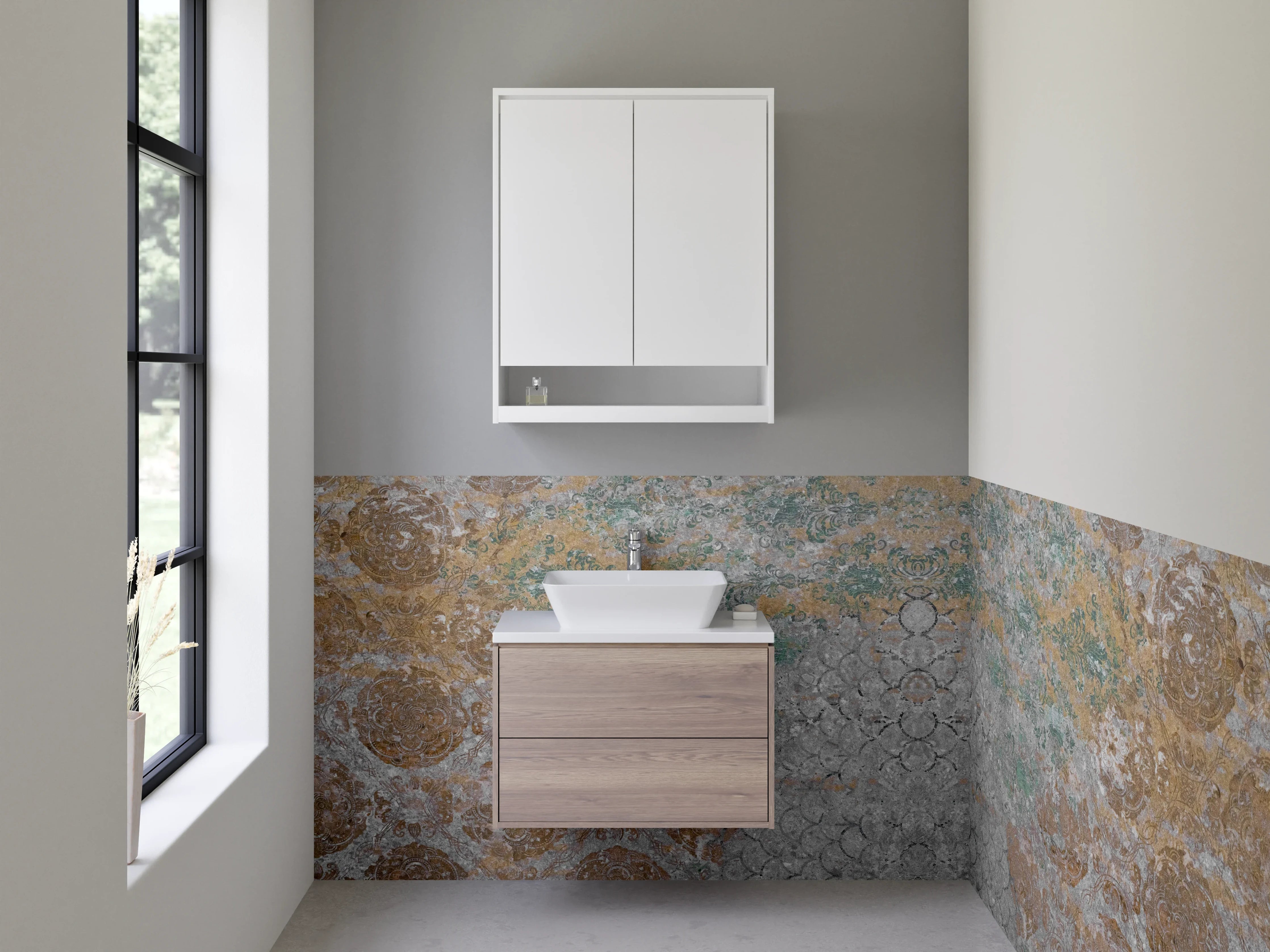 Waschbecken-Rückwand - Rustikale Steinmauer mit warmen Erdtönen