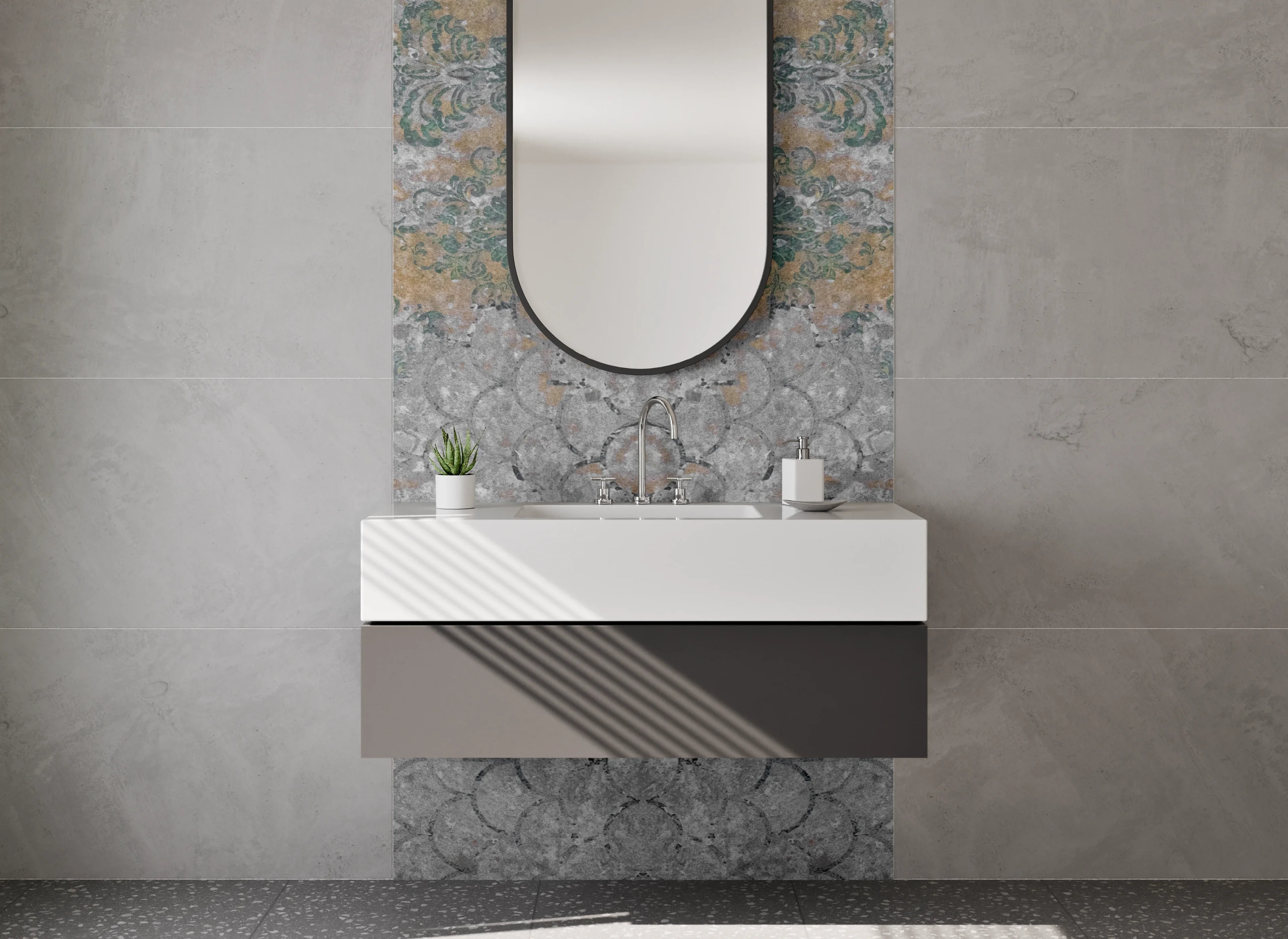 Waschbecken-Rückwand - Rustikale Steinmauer mit warmen Erdtönen