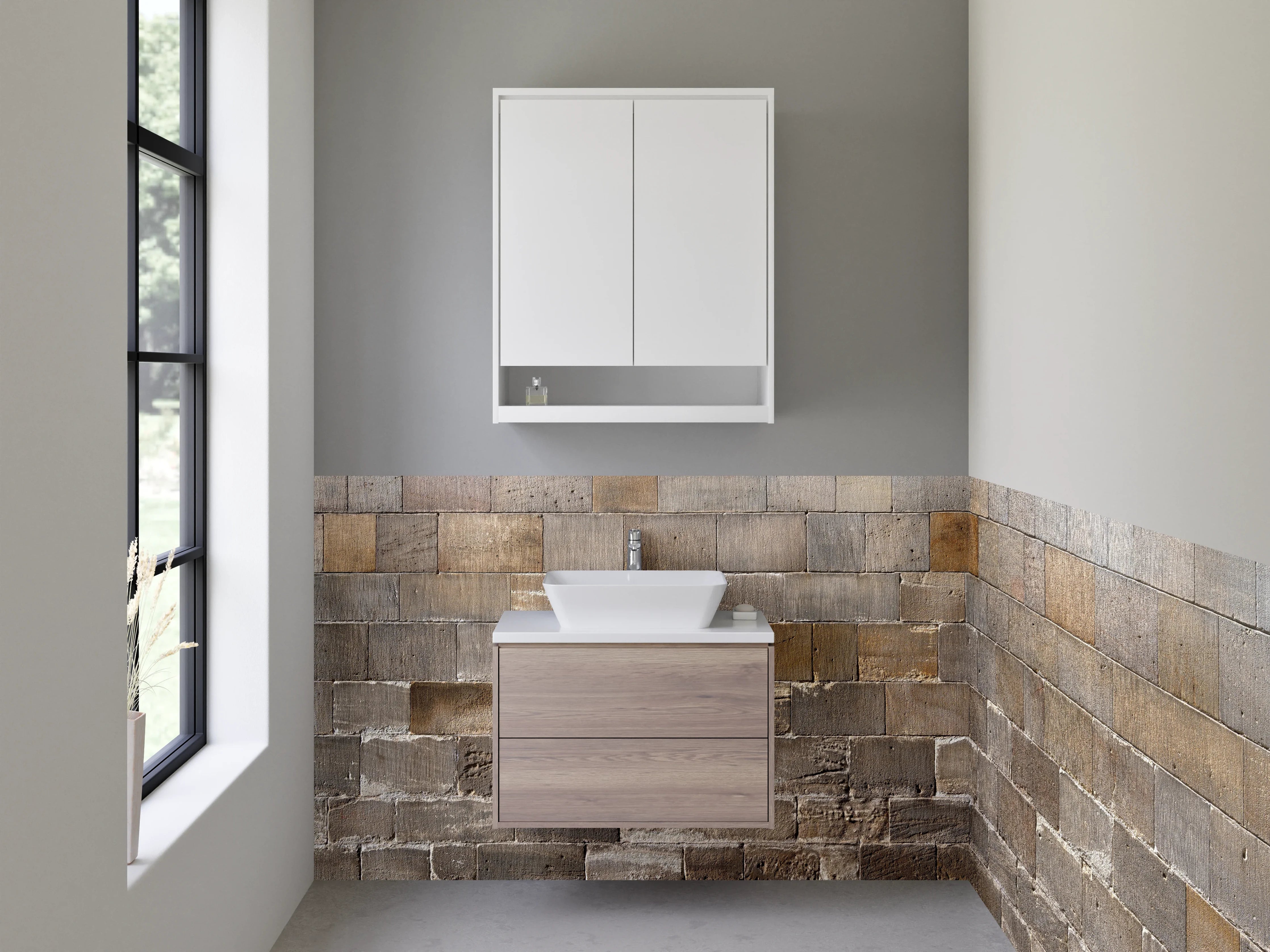 Waschbecken-Rückwand - Rustikale Steinwand Grau Beige