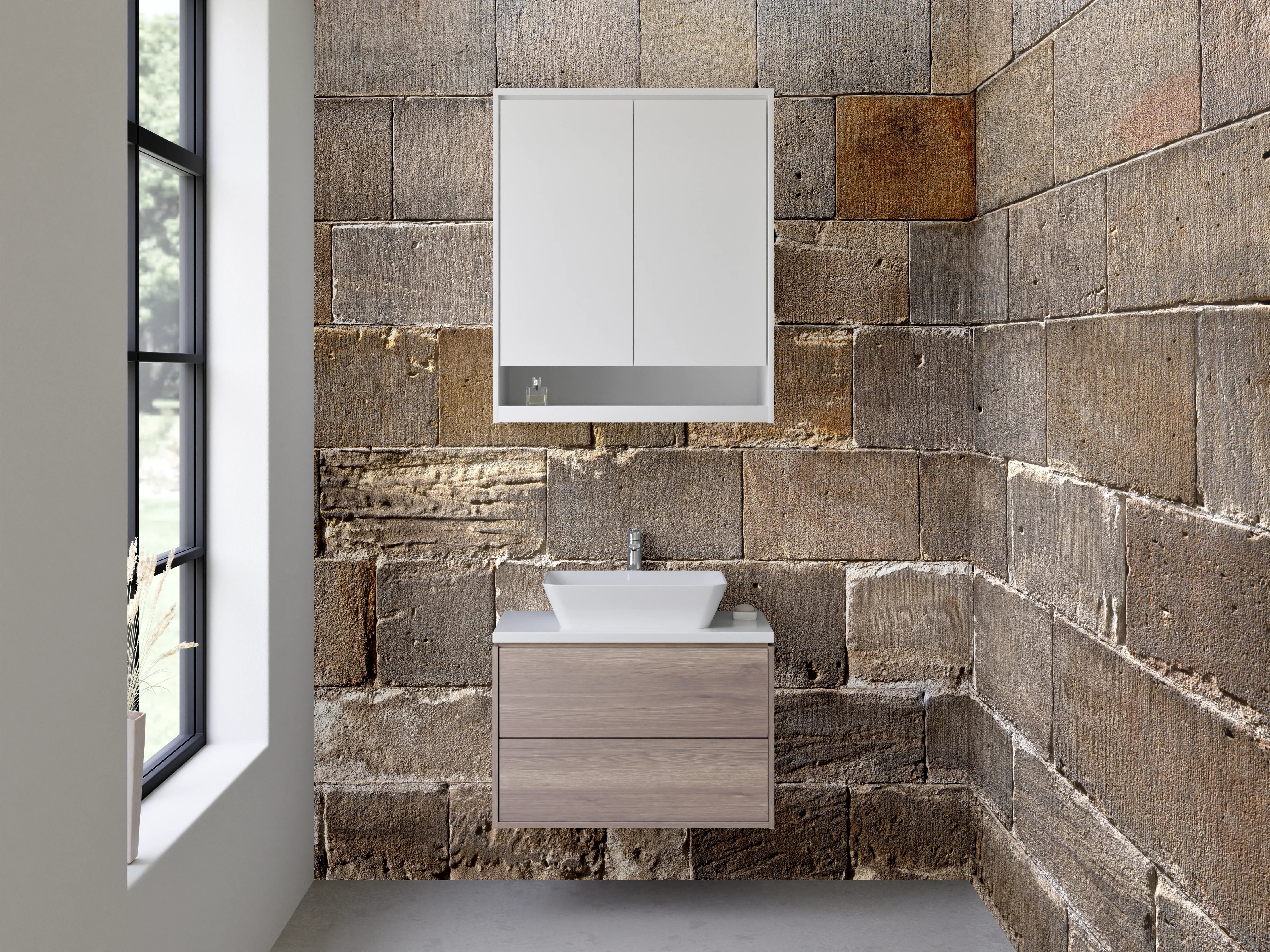 Waschbecken-Rückwand - Rustikale Steinwand Grau Beige