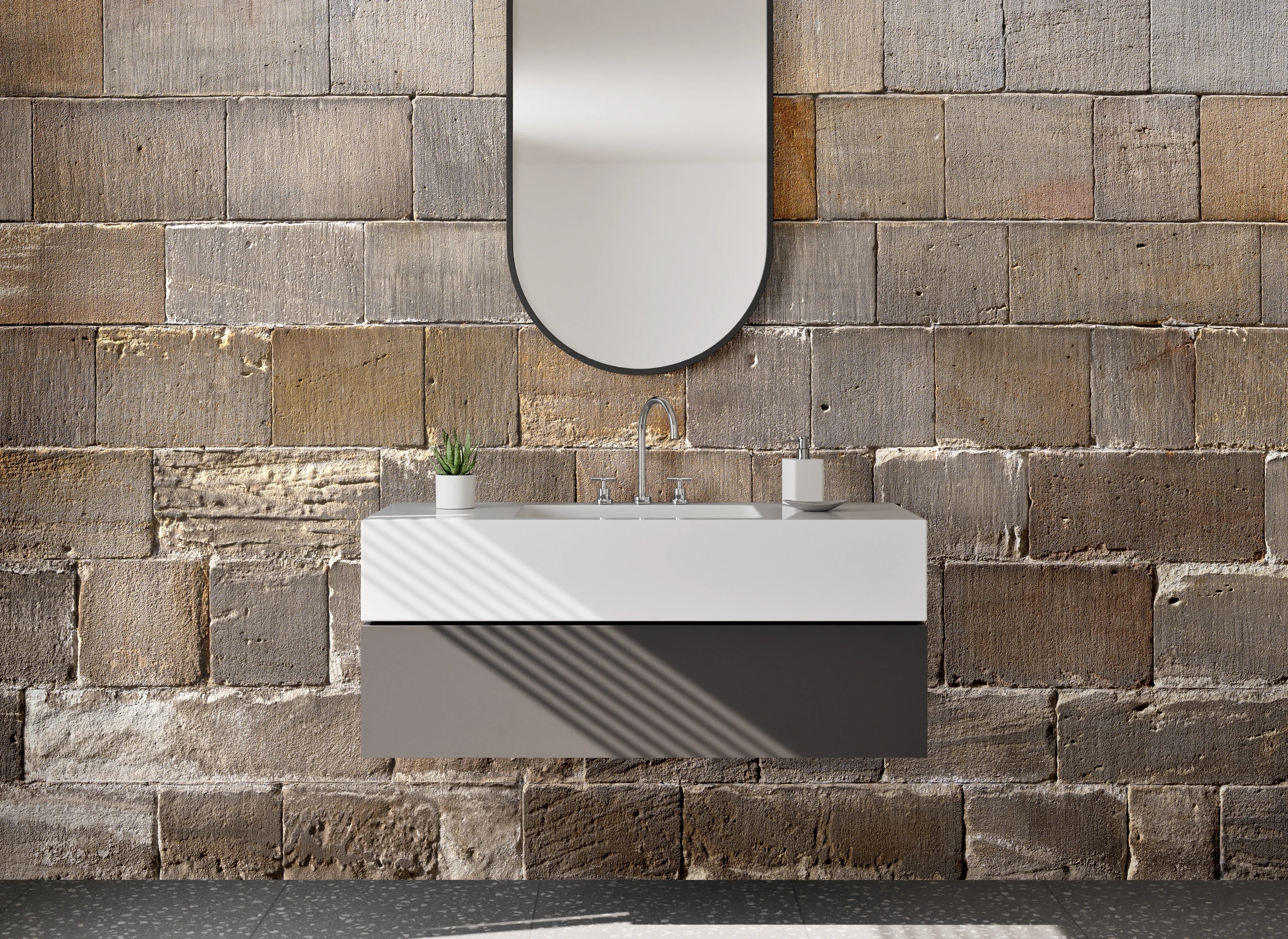 Waschbecken-Rückwand - Rustikale Steinwand Grau Beige