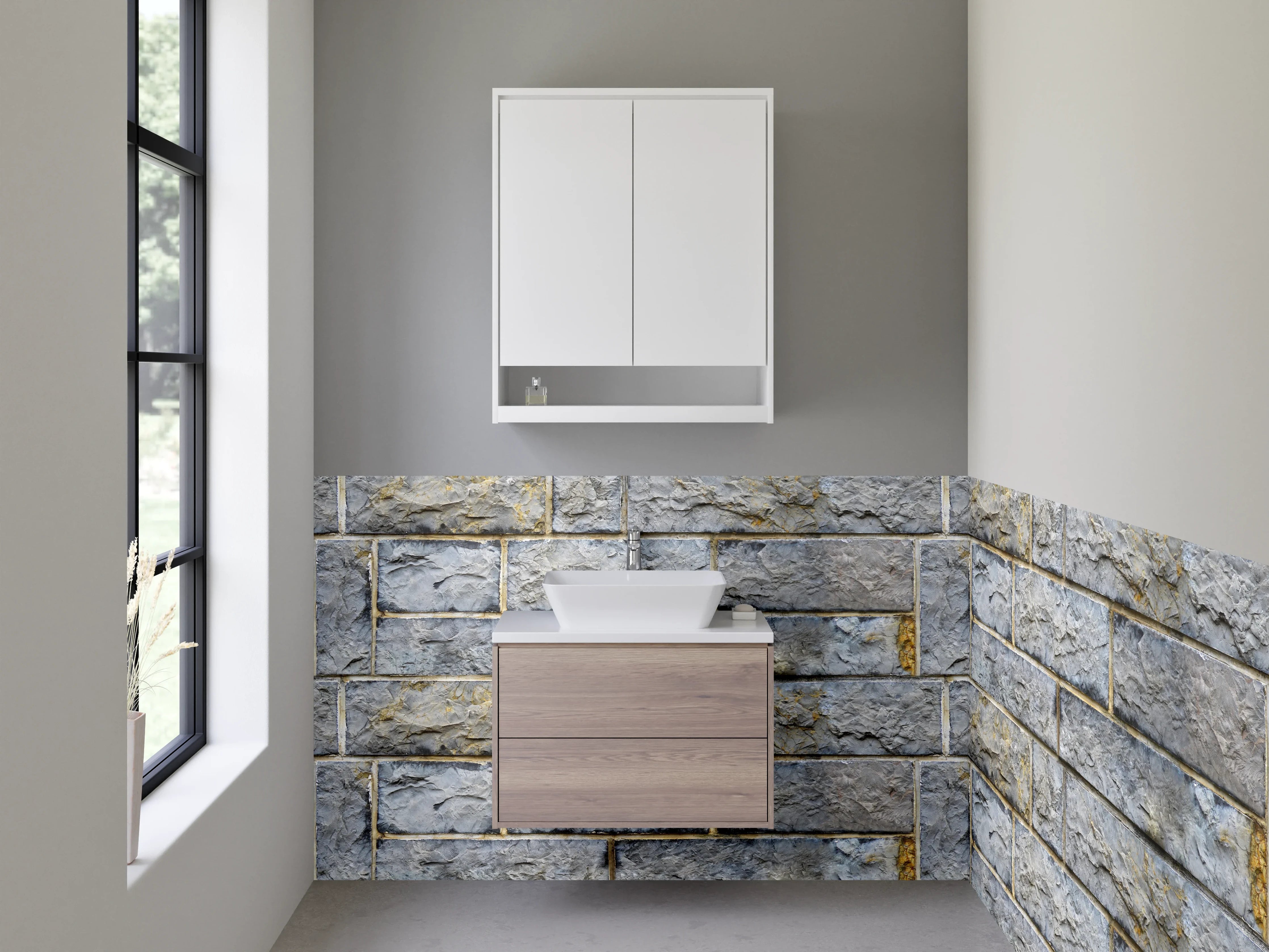 Waschbecken-Rückwand - Rustikale Steinwand in Grau-Blau