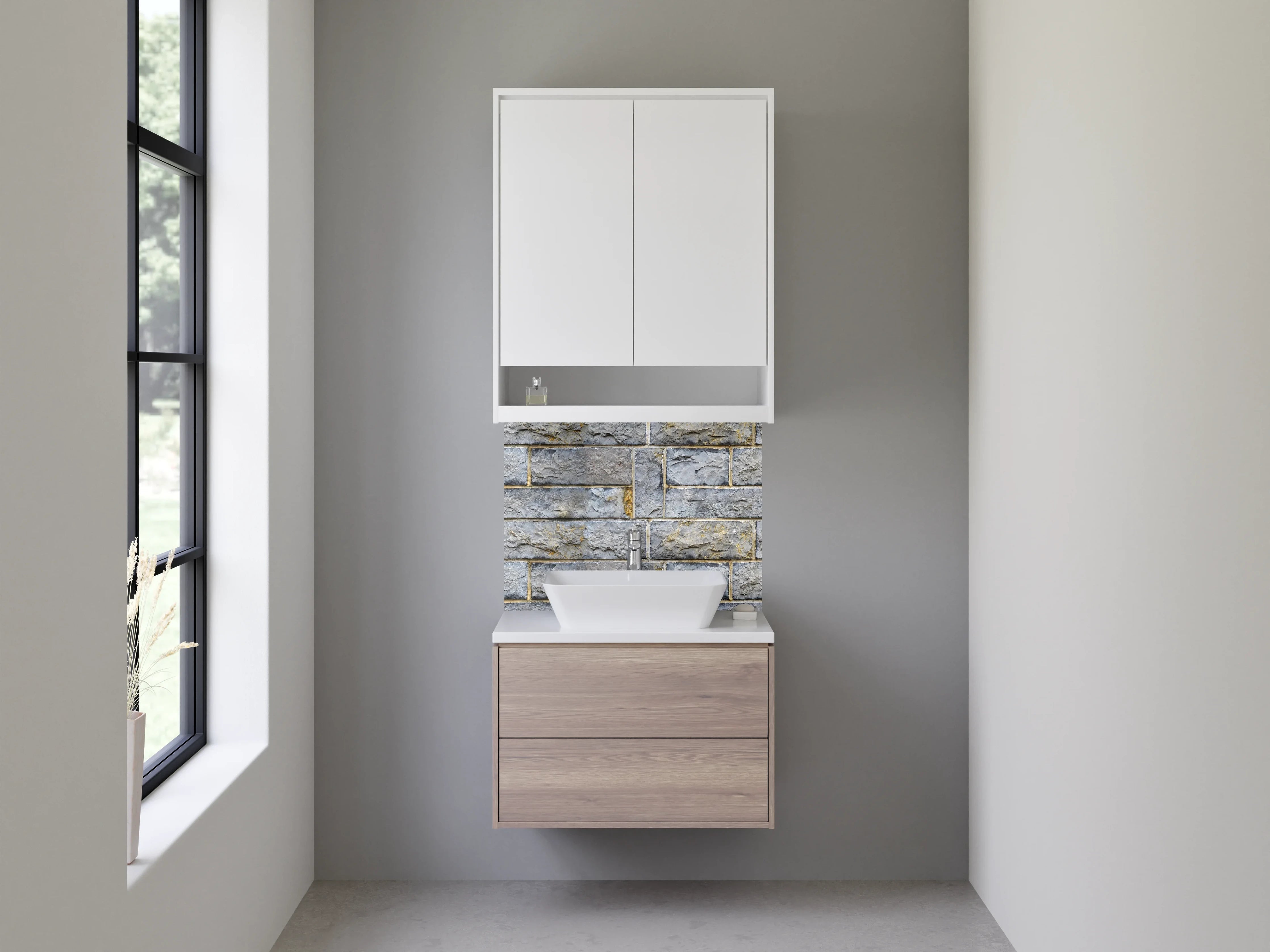 Waschbecken-Rückwand - Rustikale Steinwand in Grau-Blau