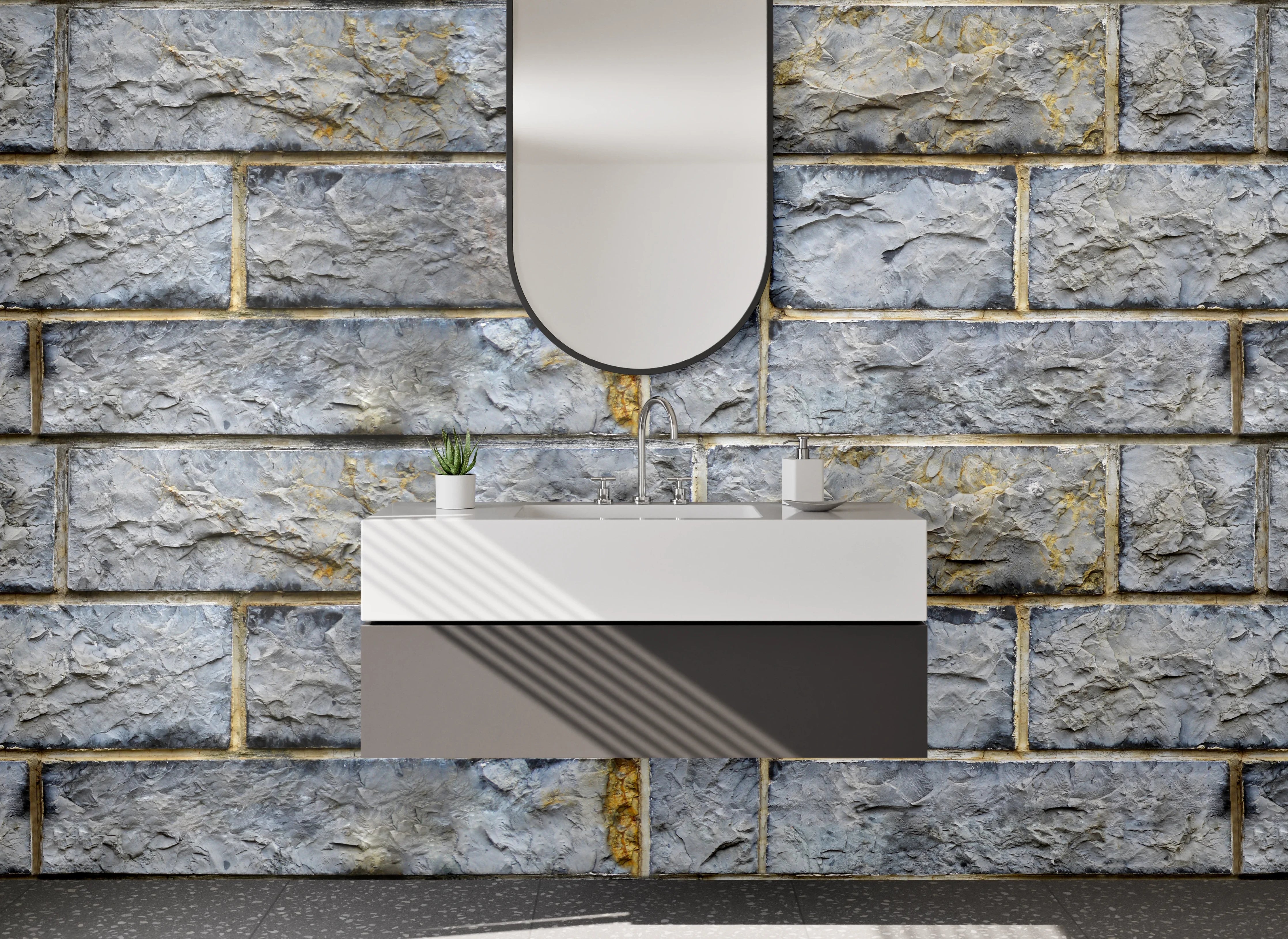 Waschbecken-Rückwand - Rustikale Steinwand in Grau-Blau