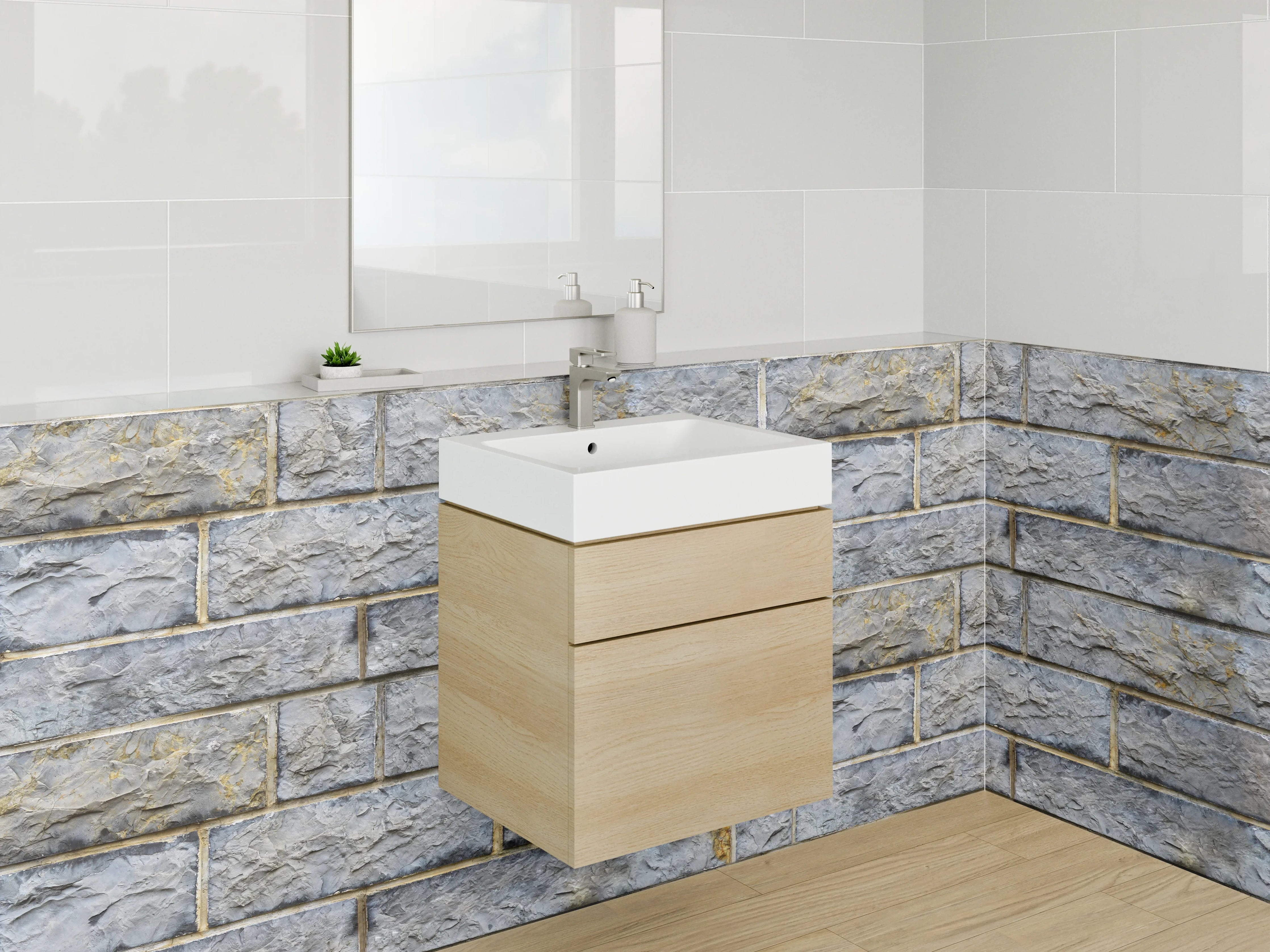 Waschbecken-Rückwand - Rustikale Steinwand in Grau-Blau