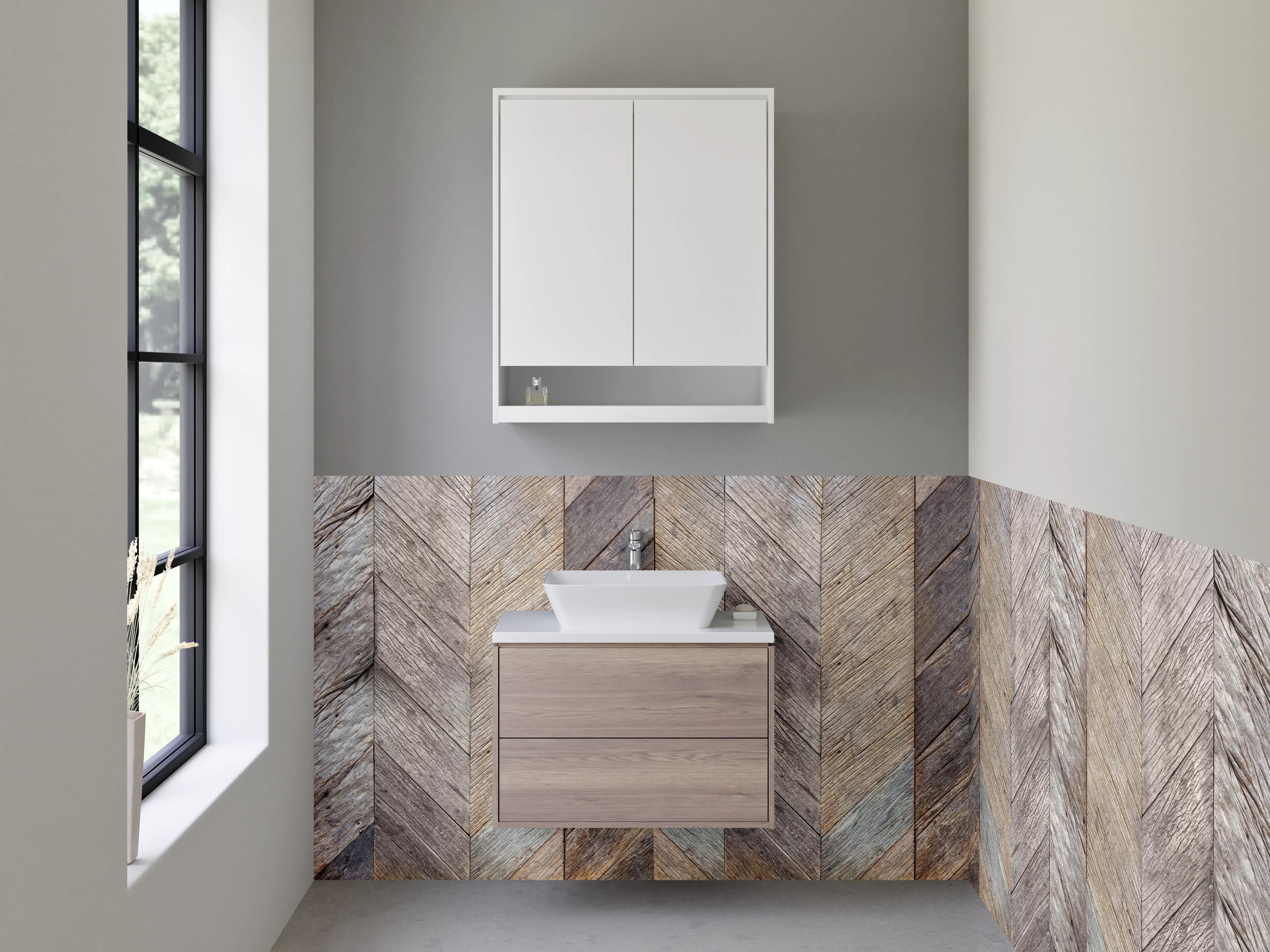 Waschbecken-Rückwand - Rustikaler Holzboden mit Herringbone-Muster