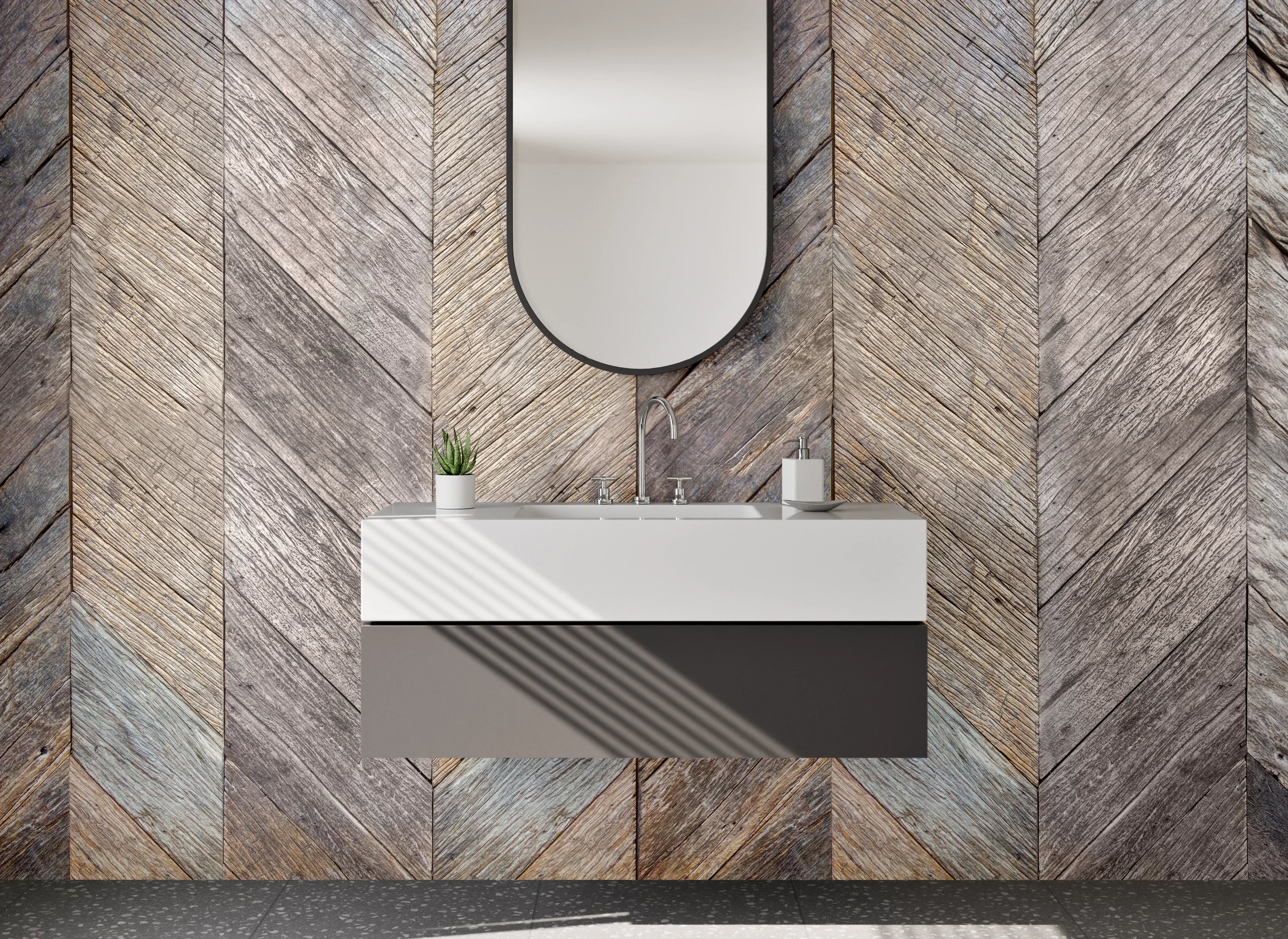 Waschbecken-Rückwand - Rustikaler Holzboden mit Herringbone-Muster