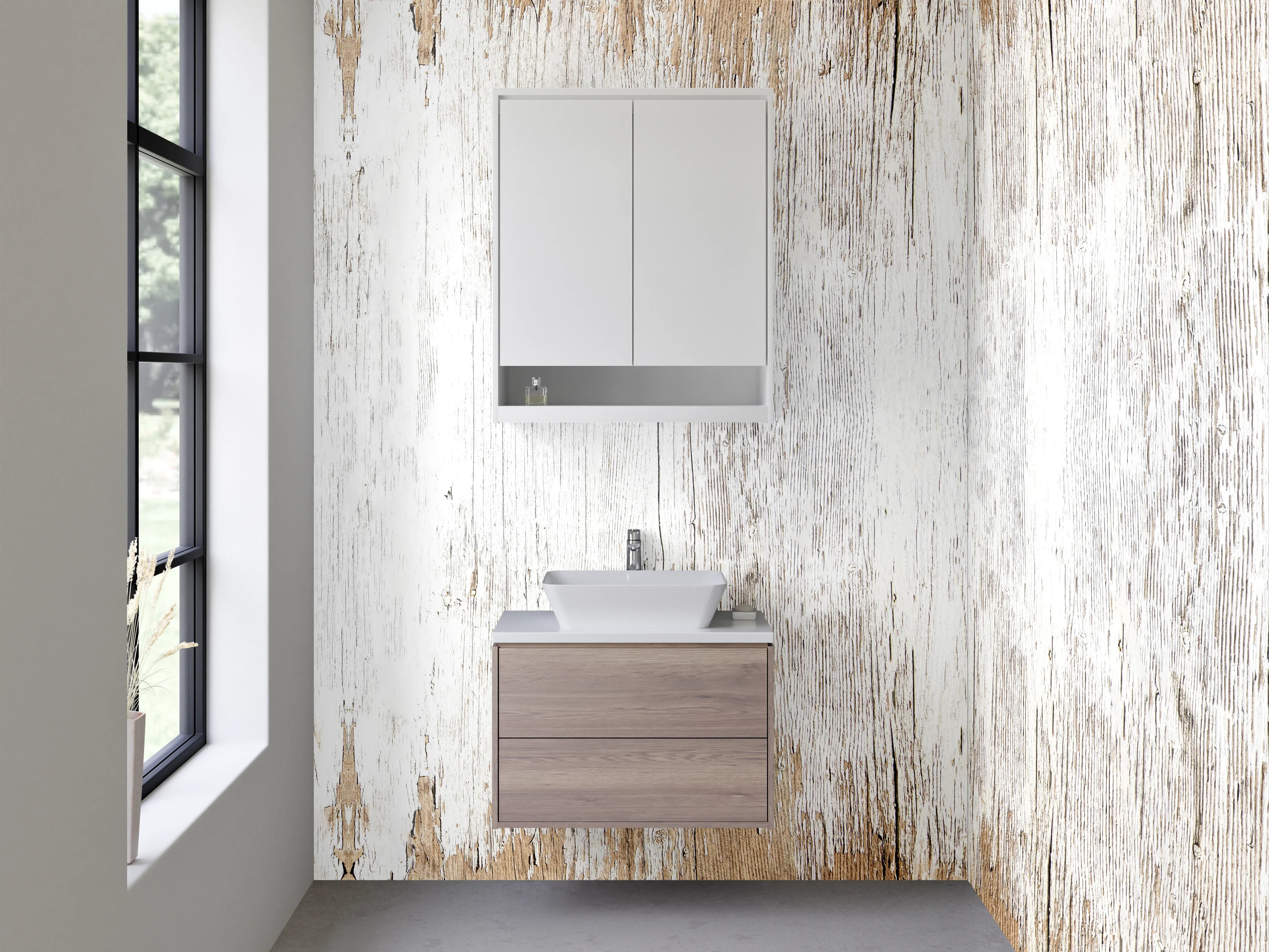 Waschbecken-Rückwand - Rustikales Weiß-Braun Holz-Design