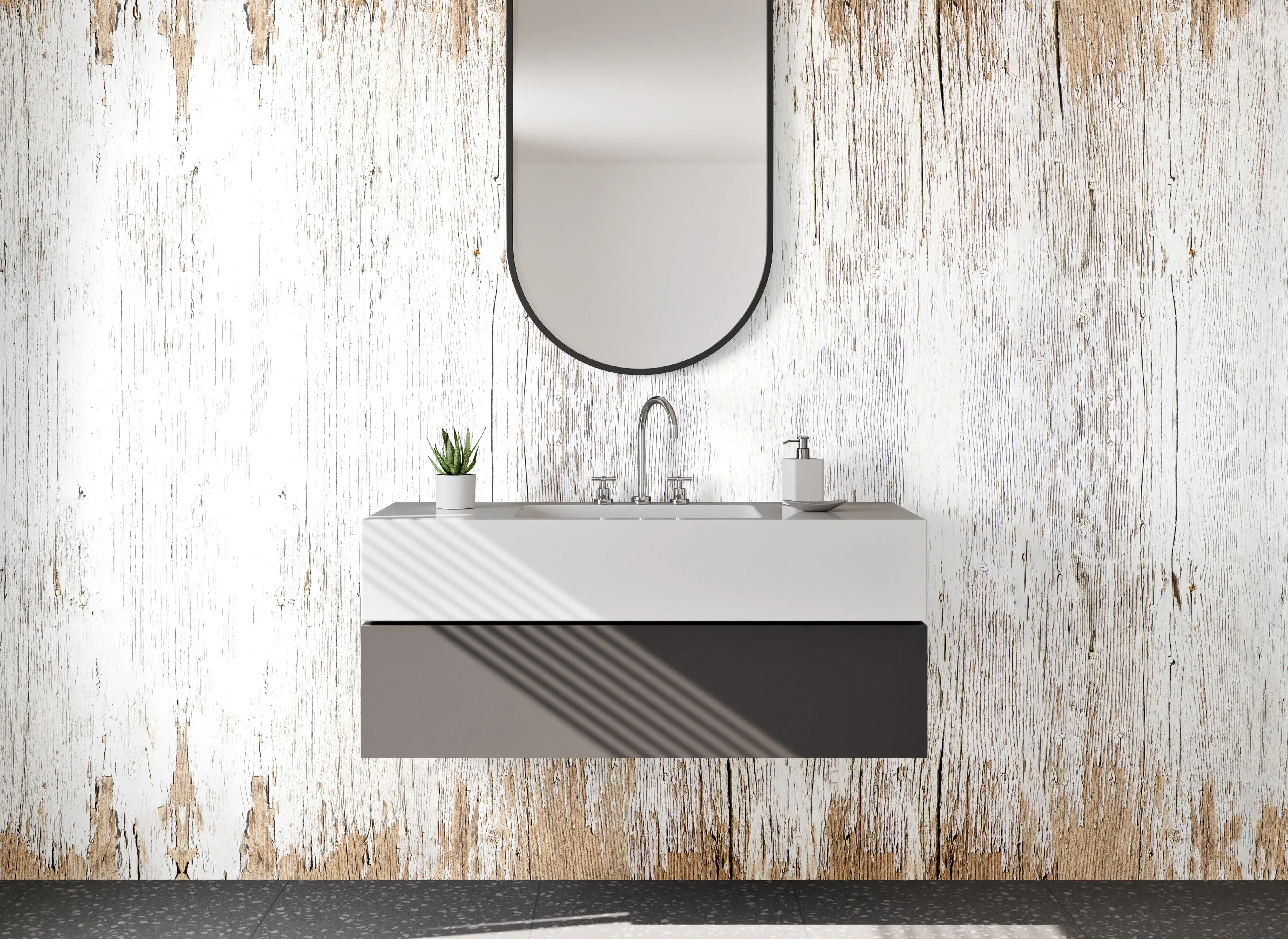 Waschbecken-Rückwand - Rustikales Weiß-Braun Holz-Design