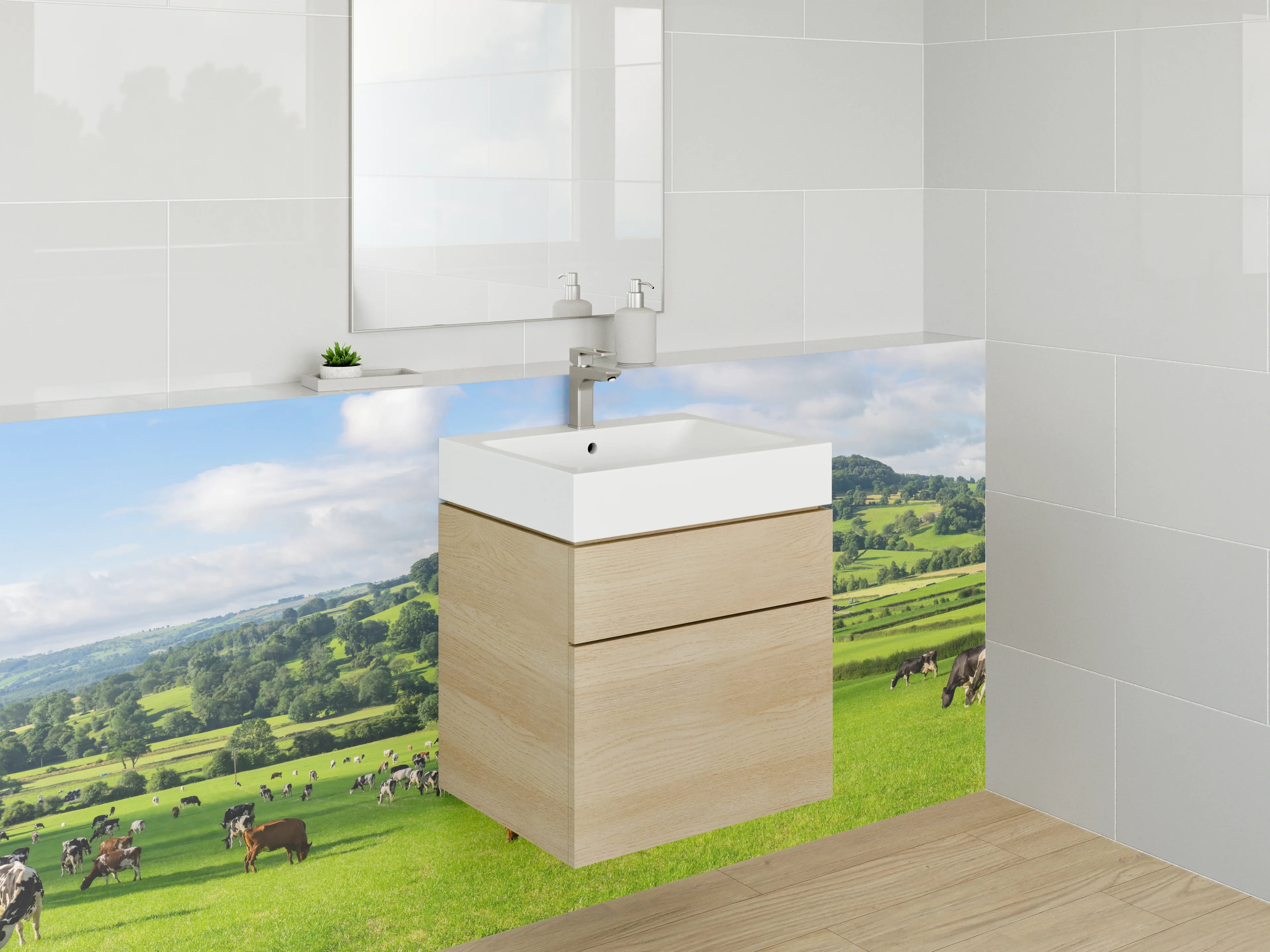 Waschbecken-Rückwand - Saftige Weidelandschaft mit Kühen
