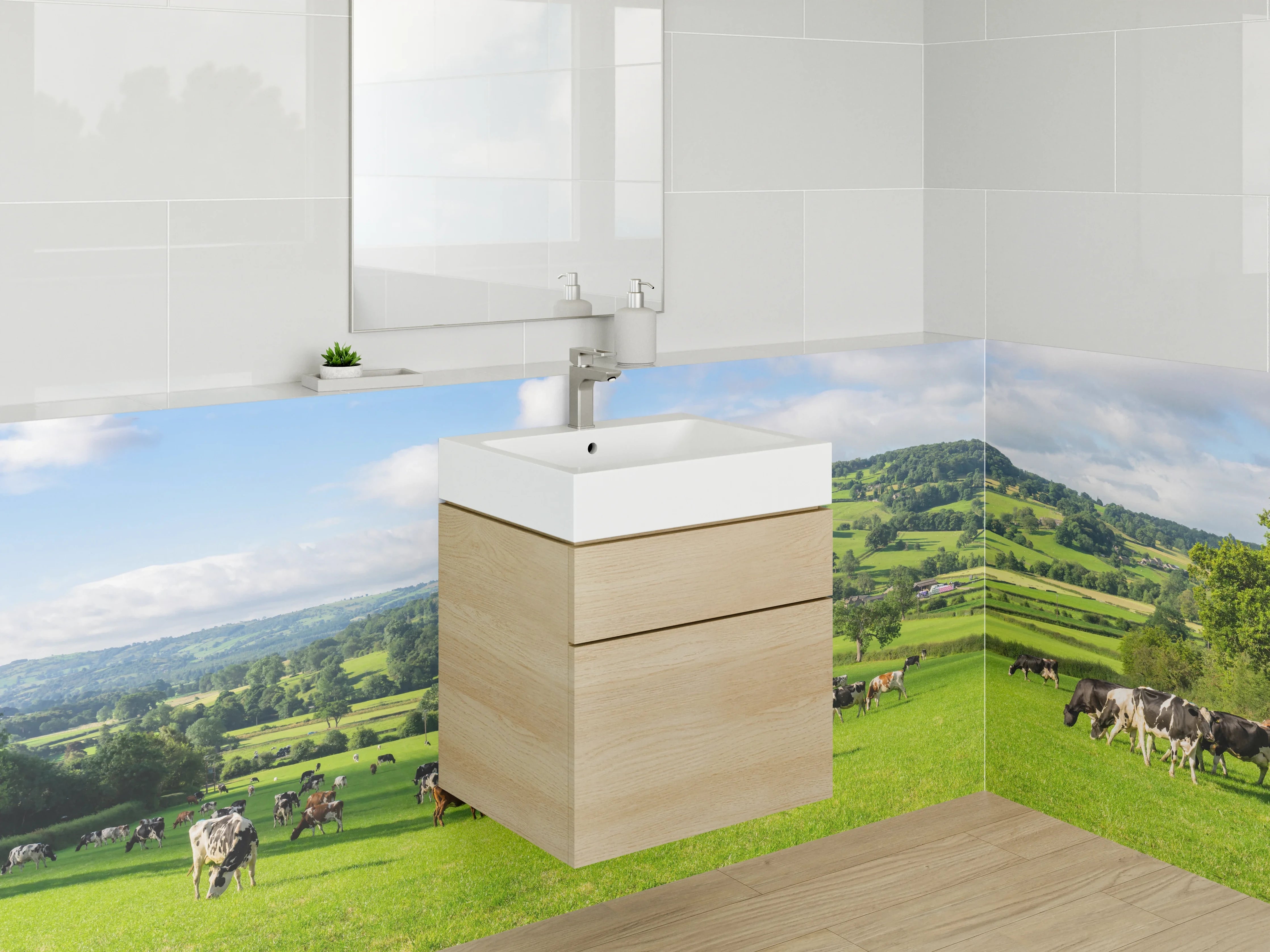 Waschbecken-Rückwand - Saftige Weidelandschaft mit Kühen