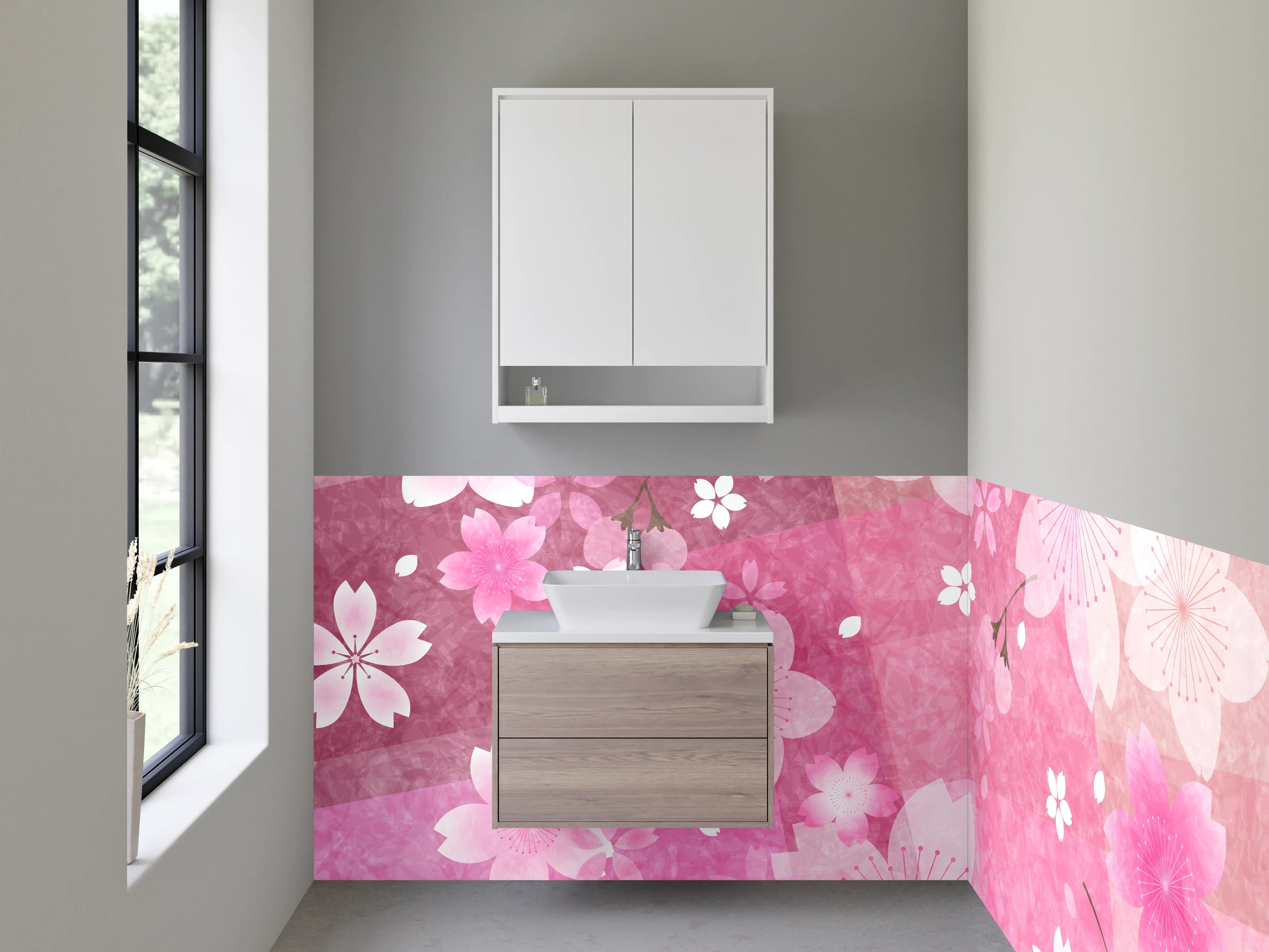 Waschbecken-Rückwand - Sakura Kirschblüten Aquarell Muster