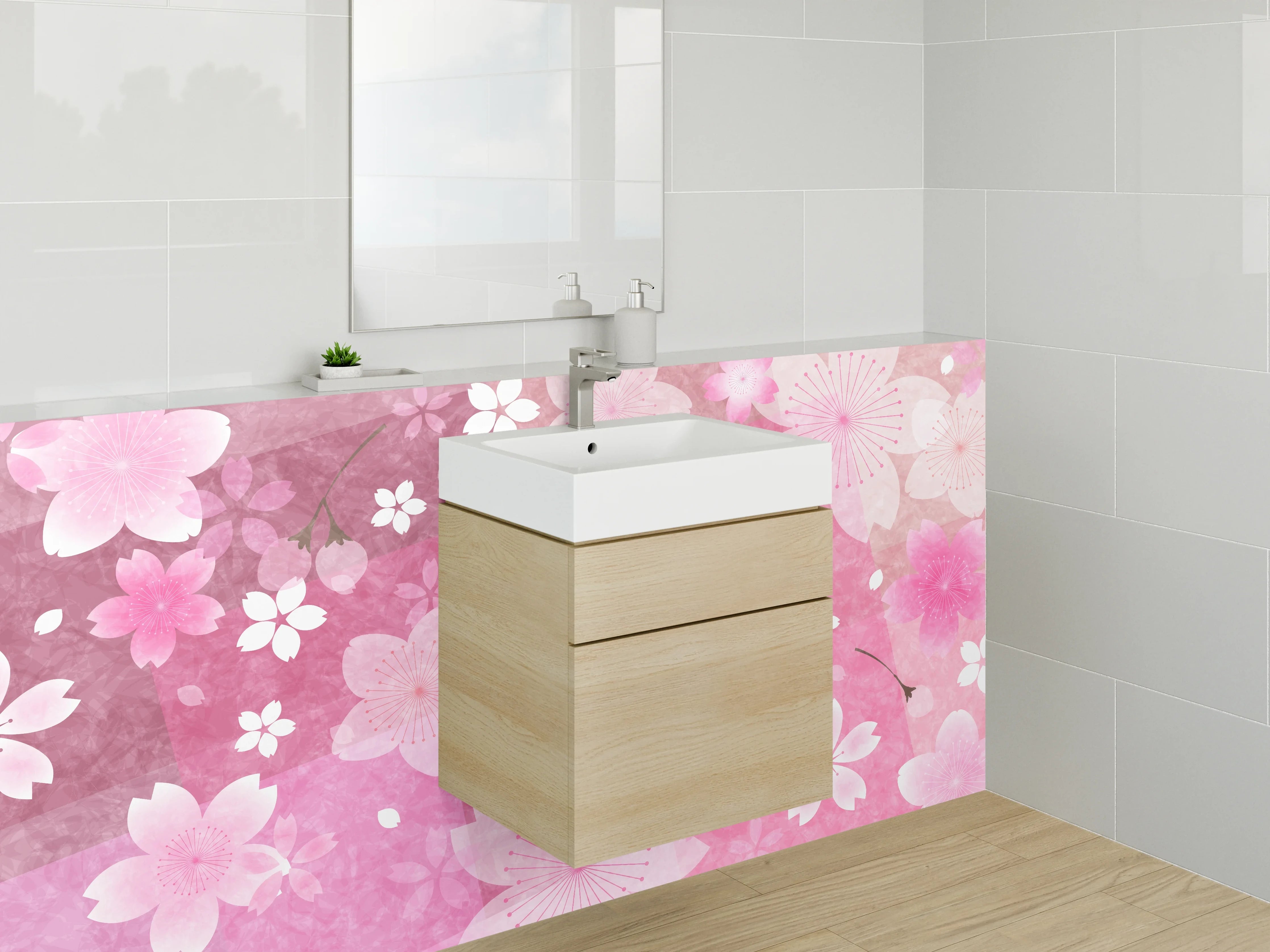 Waschbecken-Rückwand - Sakura Kirschblüten Aquarell Muster