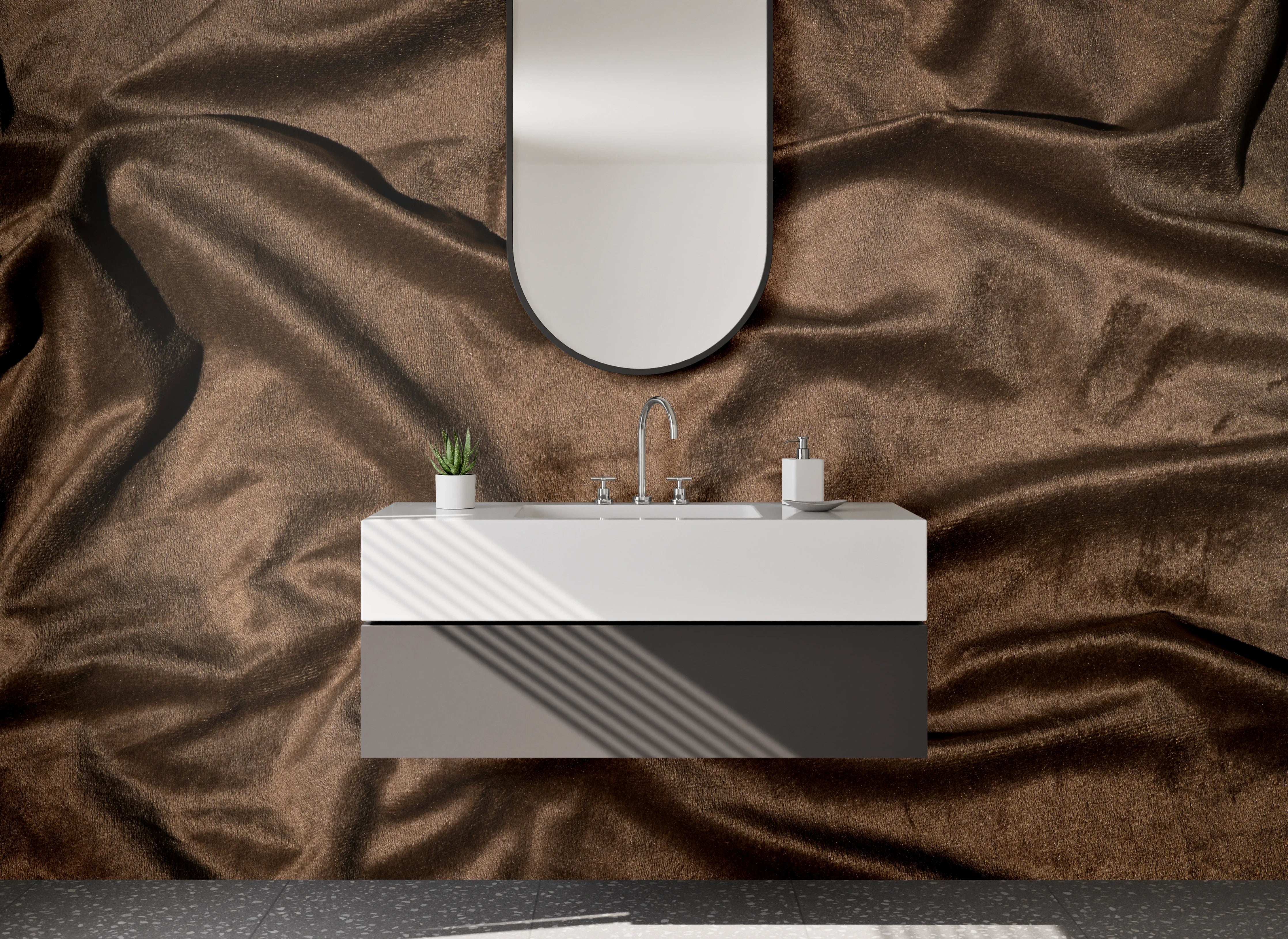 Waschbecken-Rückwand - Samtoptik Braun Stoffstruktur Deko
