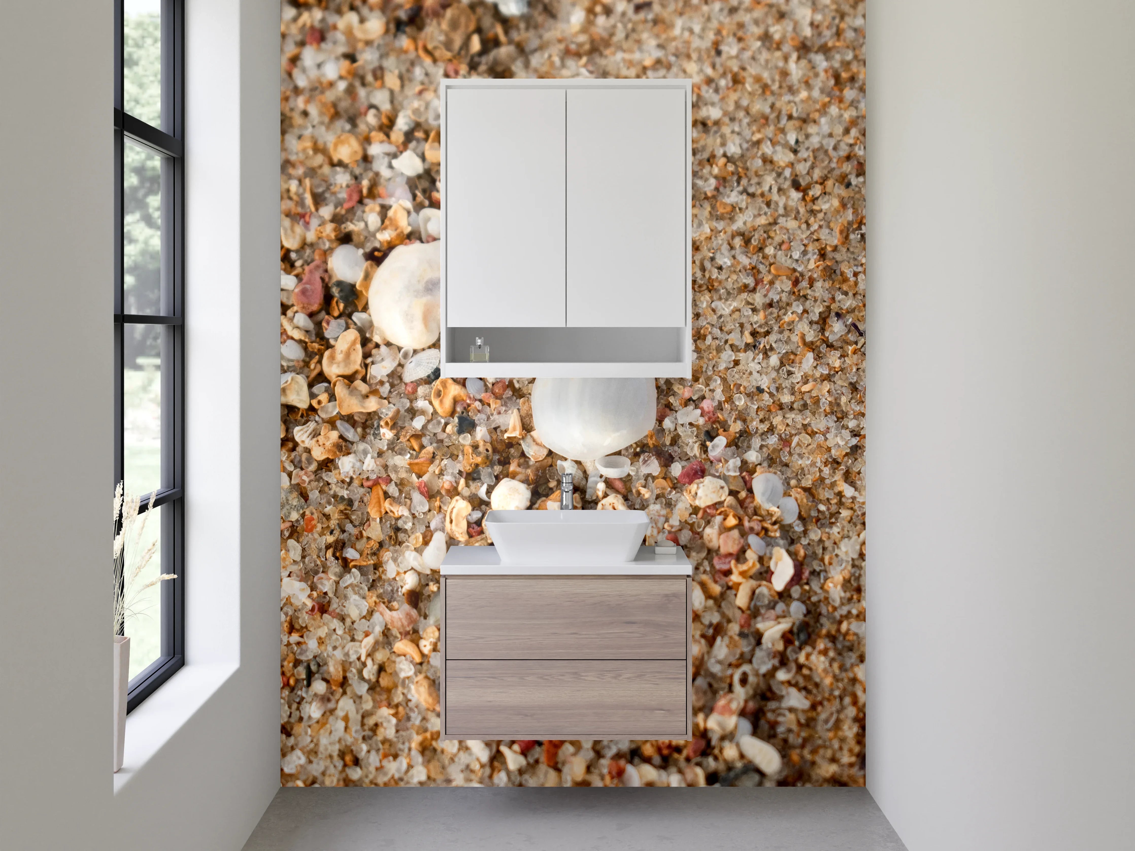 Waschbecken-Rückwand - Sand mit Muscheln und Kieselsteinen