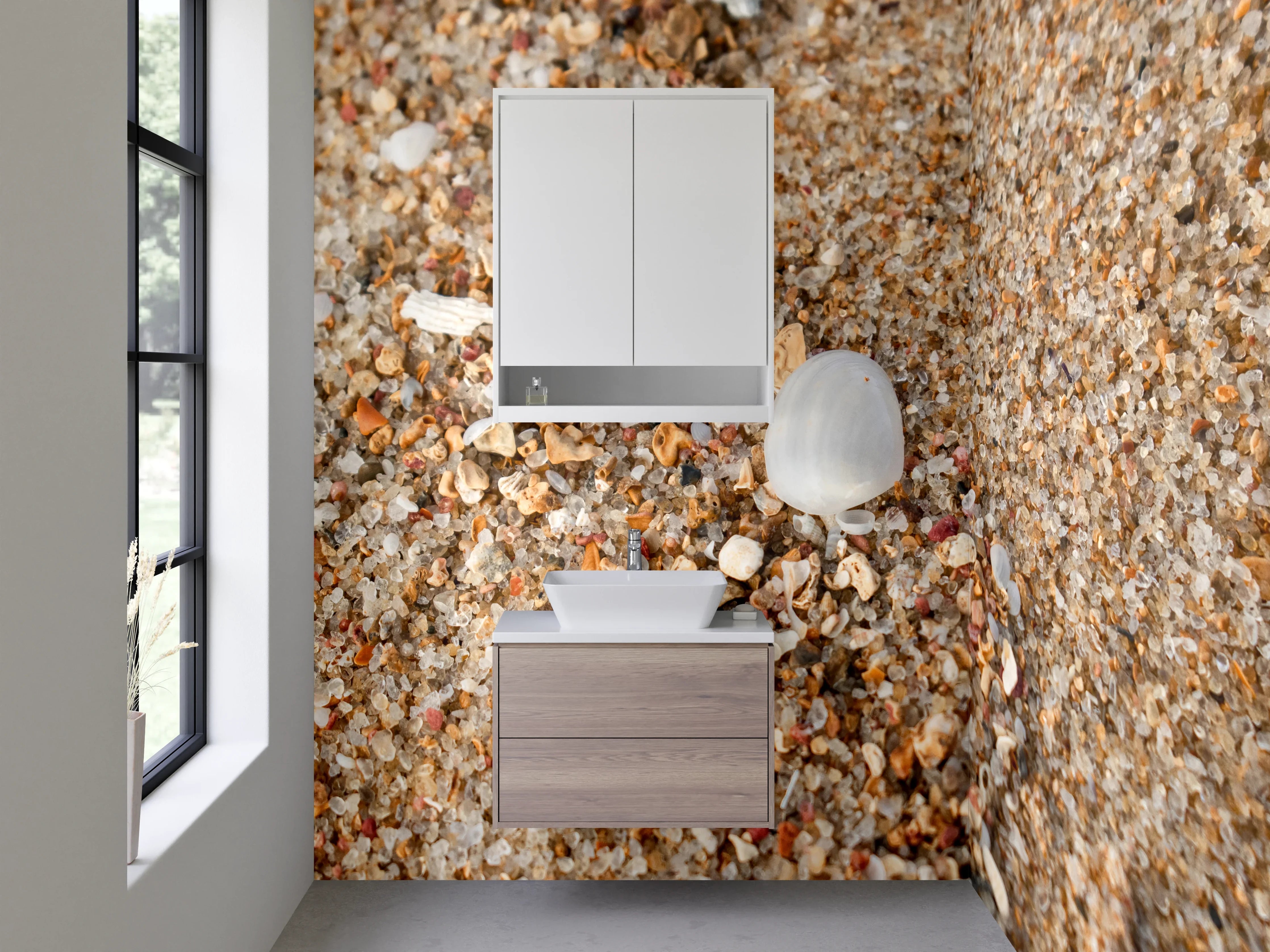 Waschbecken-Rückwand - Sand mit Muscheln und Kieselsteinen