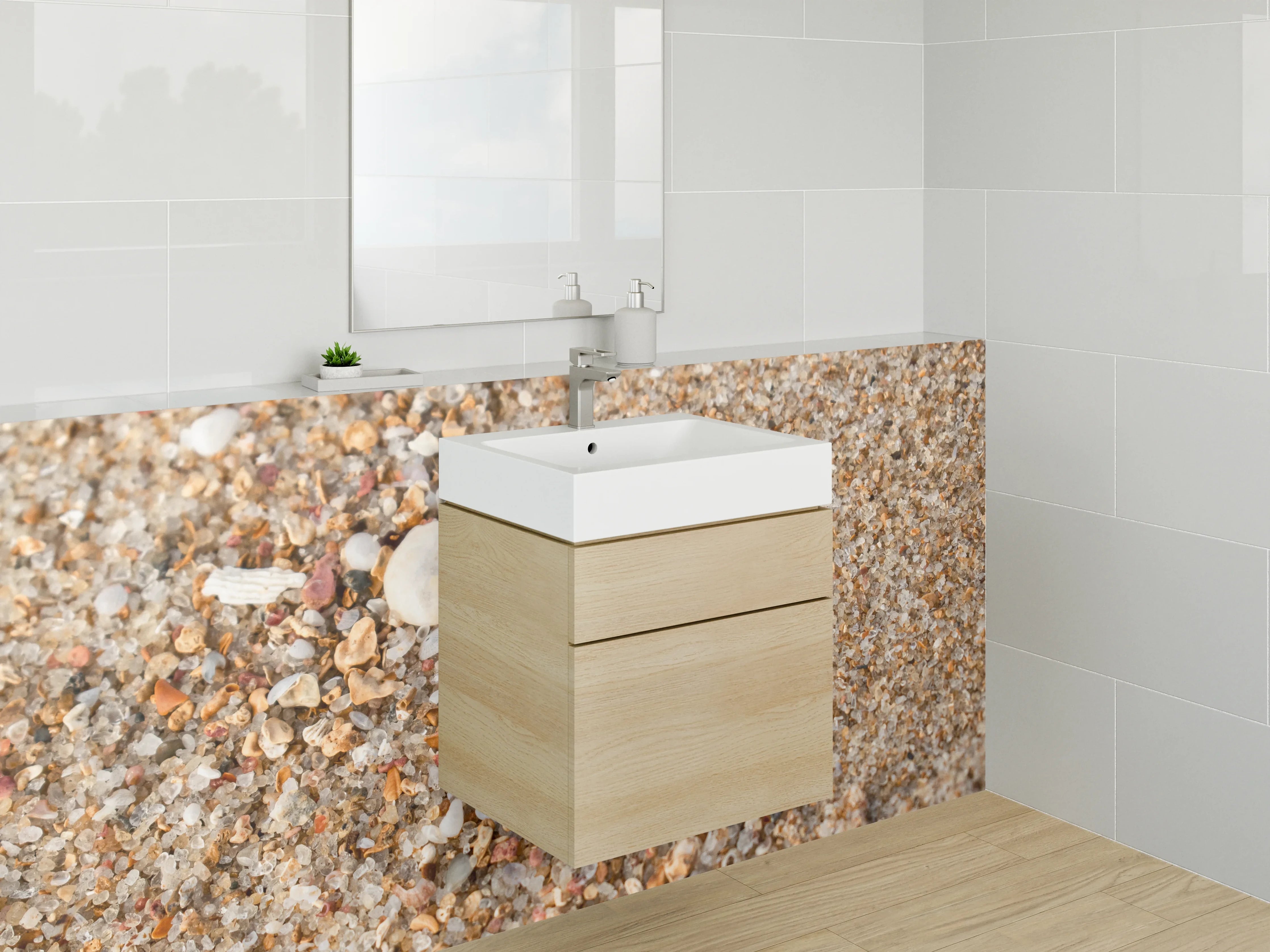 Waschbecken-Rückwand - Sand mit Muscheln und Kieselsteinen