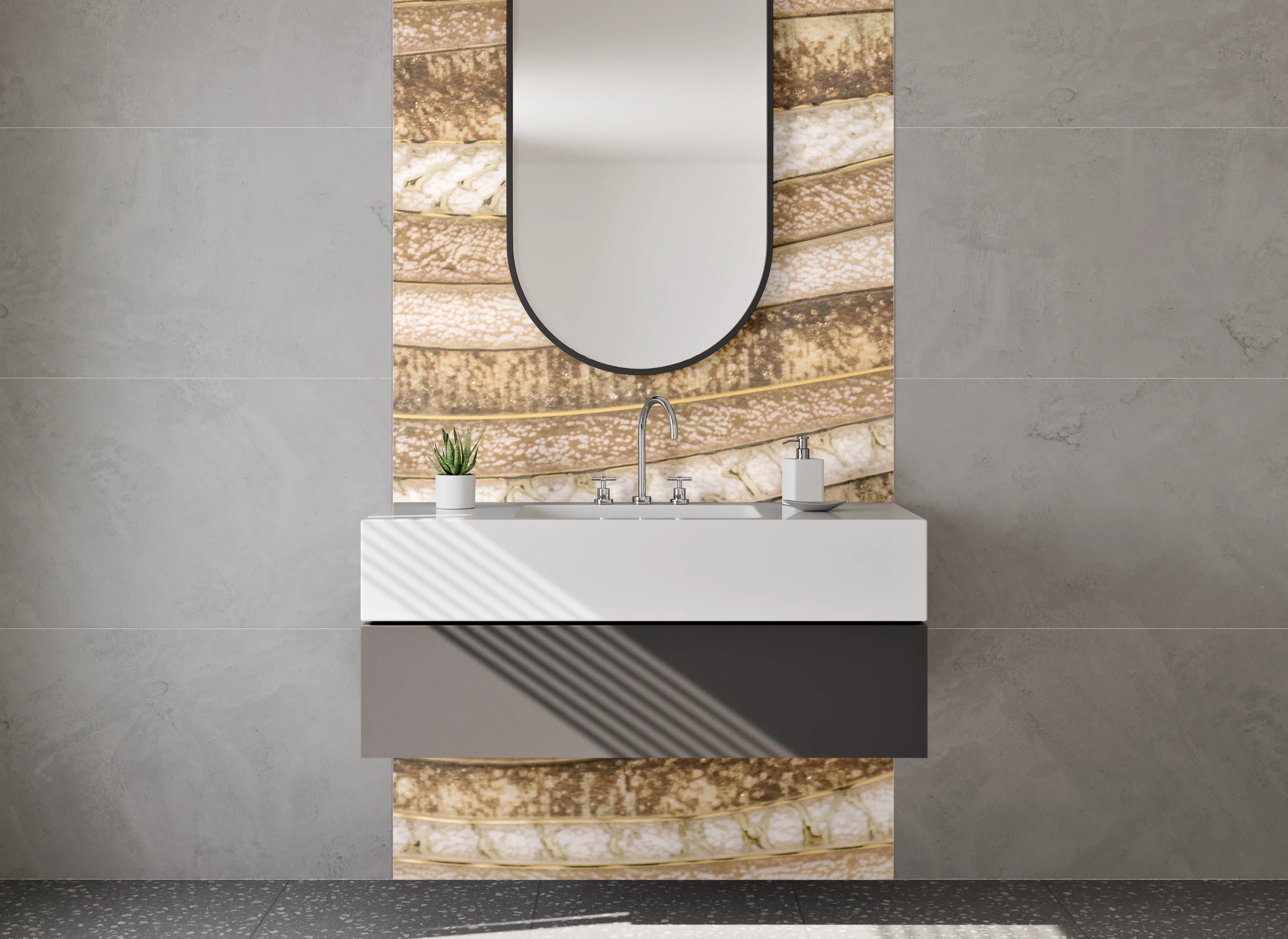 Waschbecken-Rückwand - Sandfarbene Wellenstruktur Steinoptik