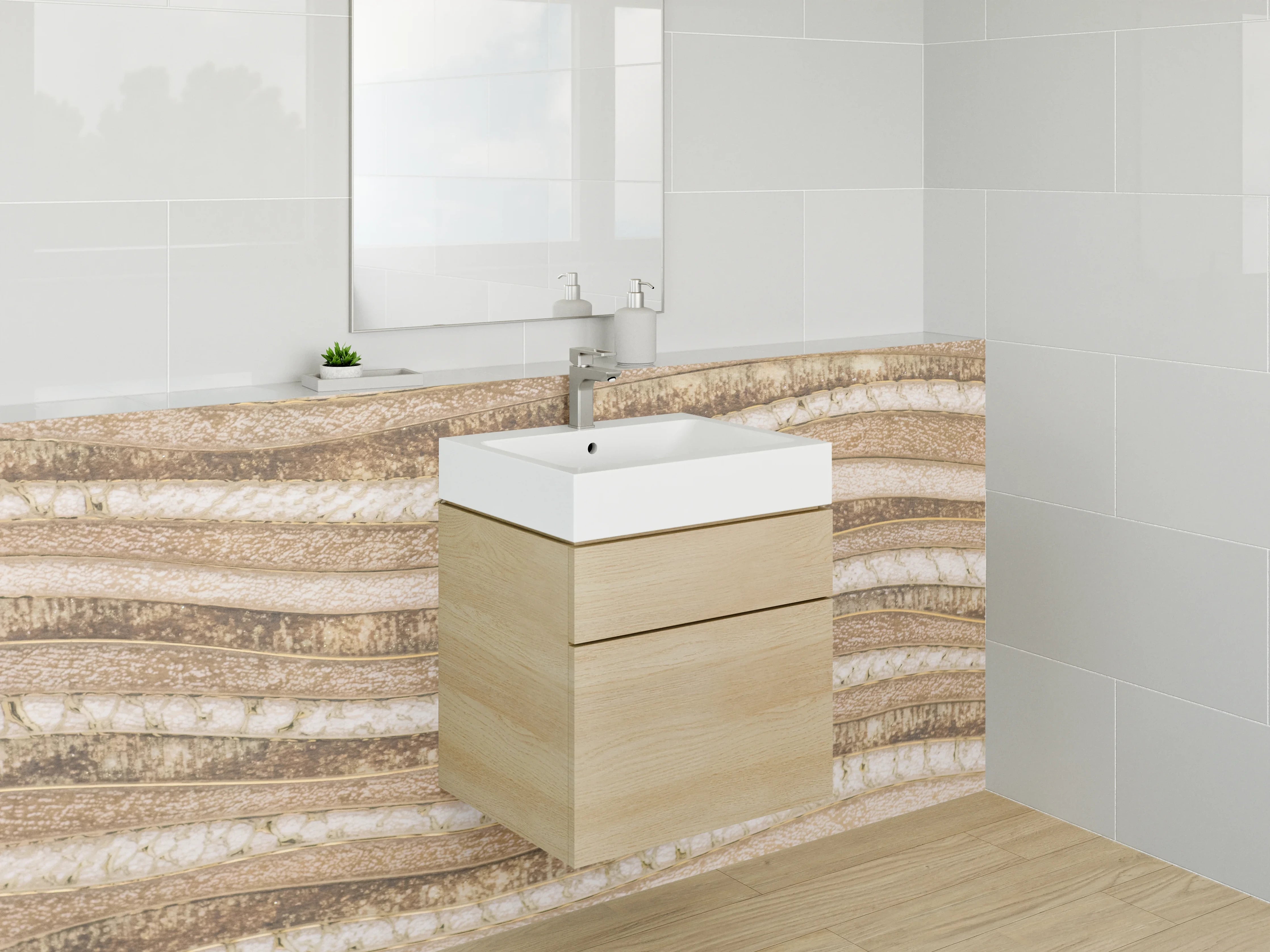 Waschbecken-Rückwand - Sandfarbene Wellenstruktur Steinoptik