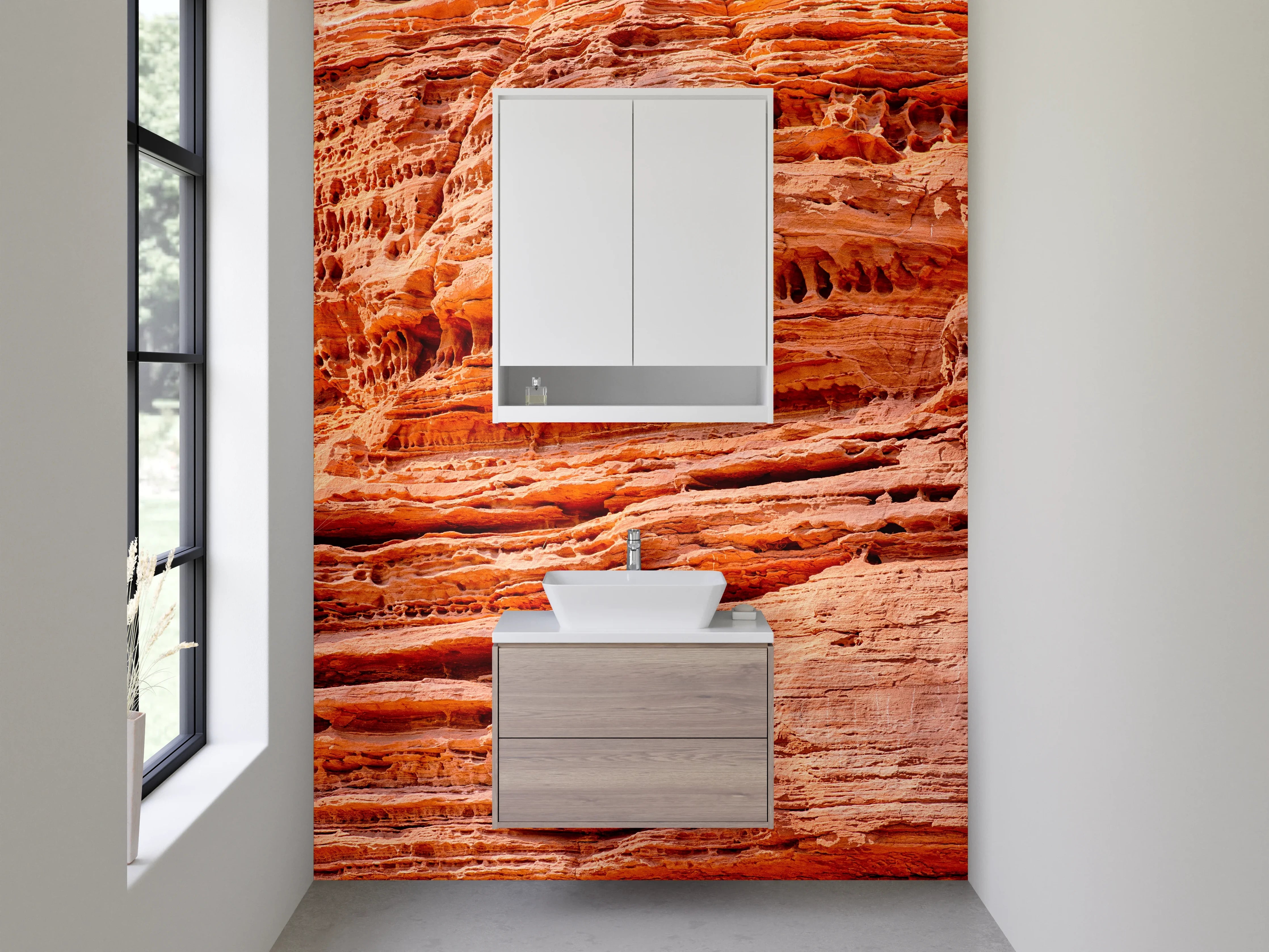 Waschbecken-Rückwand - Sandsteinstruktur in Orange und Rot