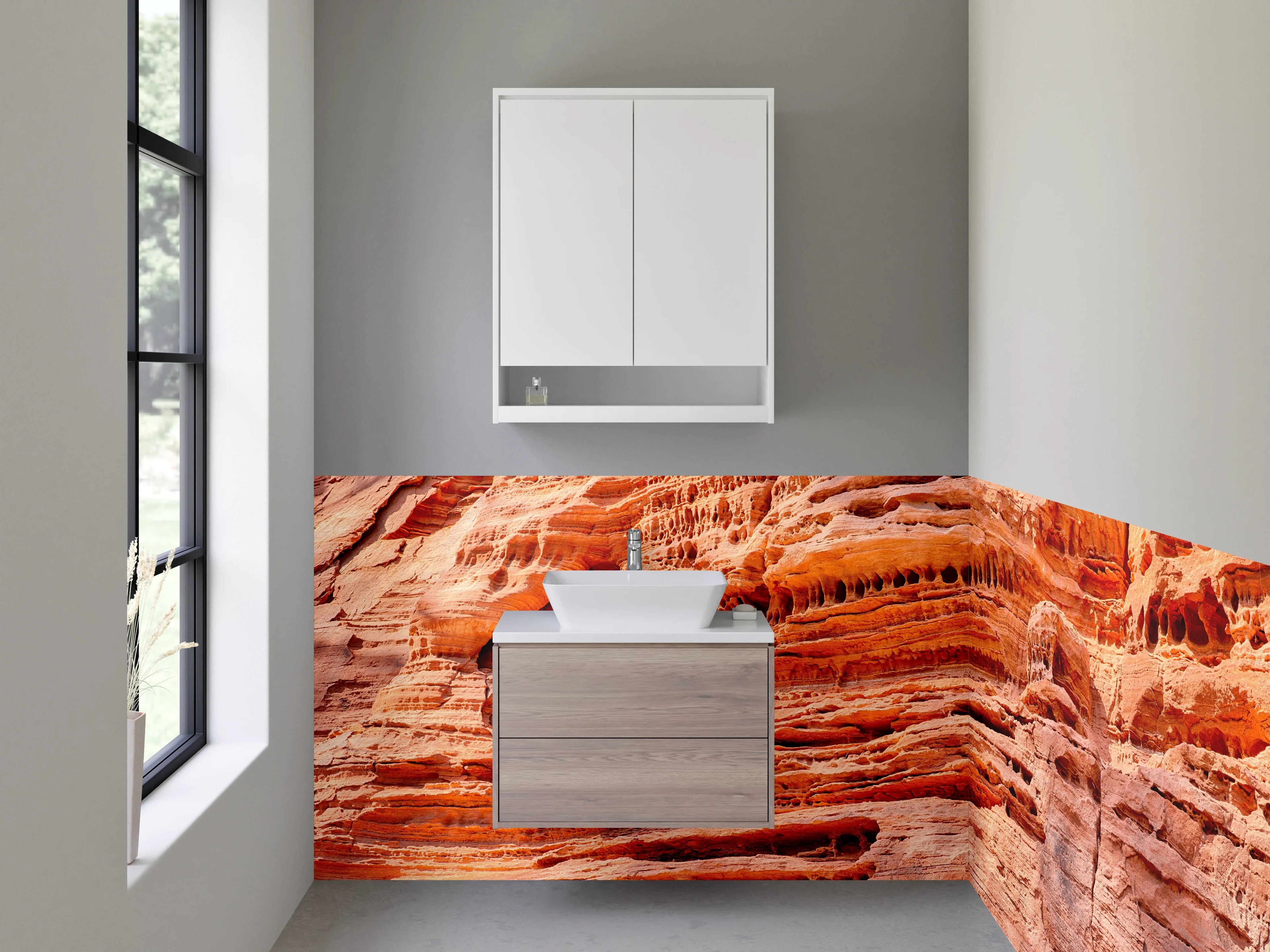Waschbecken-Rückwand - Sandsteinstruktur in Orange und Rot