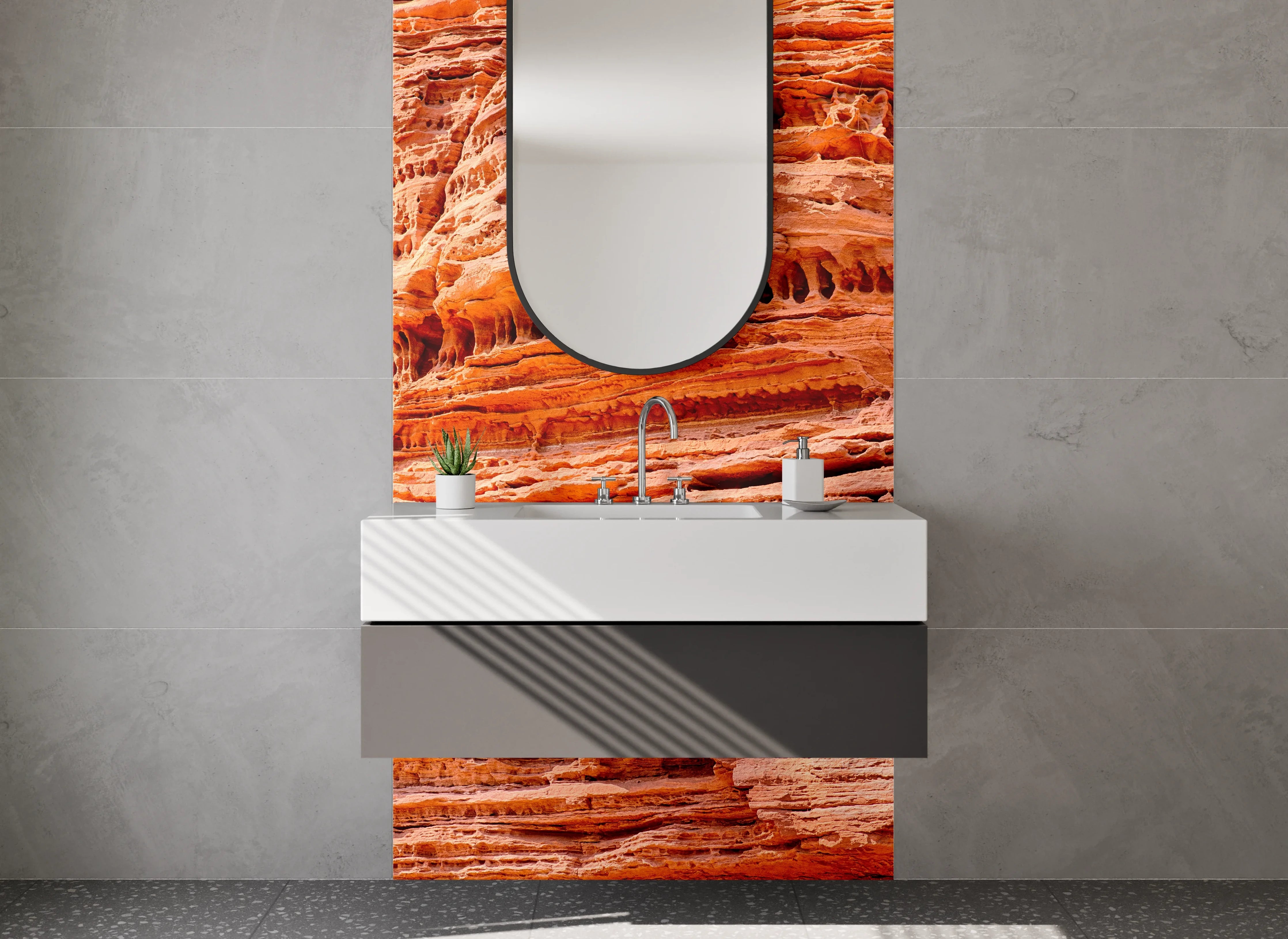 Waschbecken-Rückwand - Sandsteinstruktur in Orange und Rot