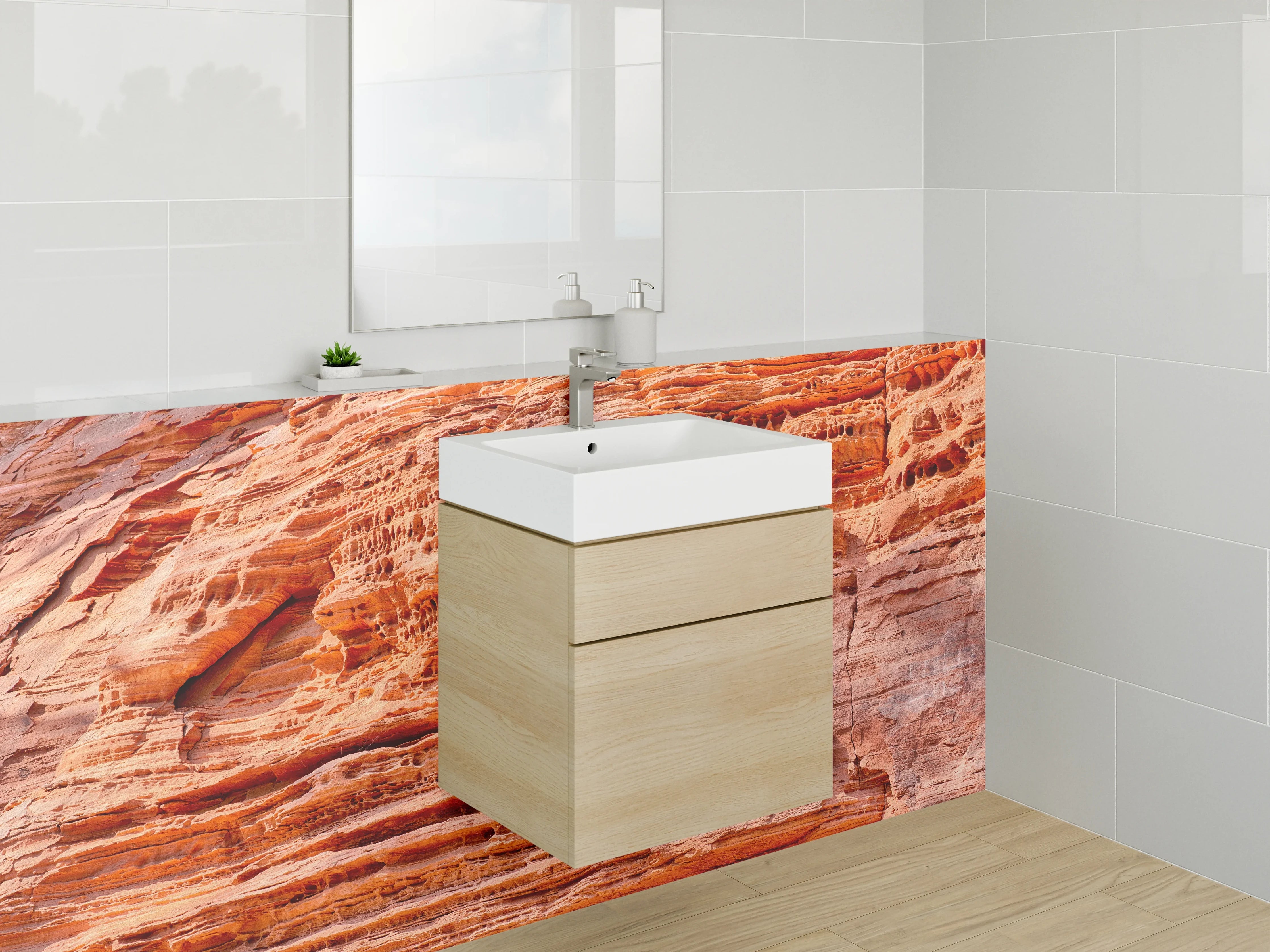 Waschbecken-Rückwand - Sandsteinstruktur in Orange und Rot
