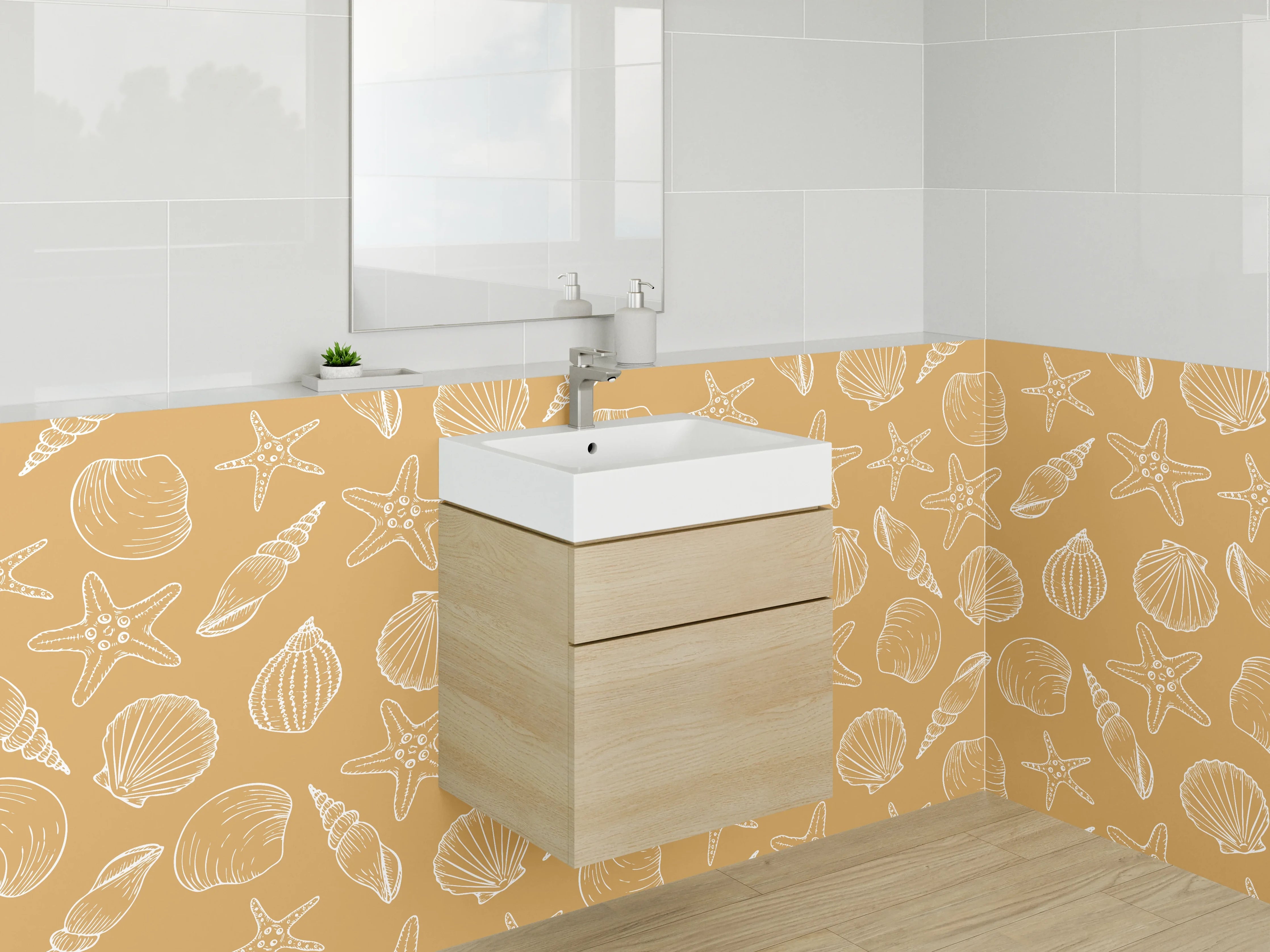 Waschbecken-Rückwand - Sandstrand mit Muscheln und Sternen