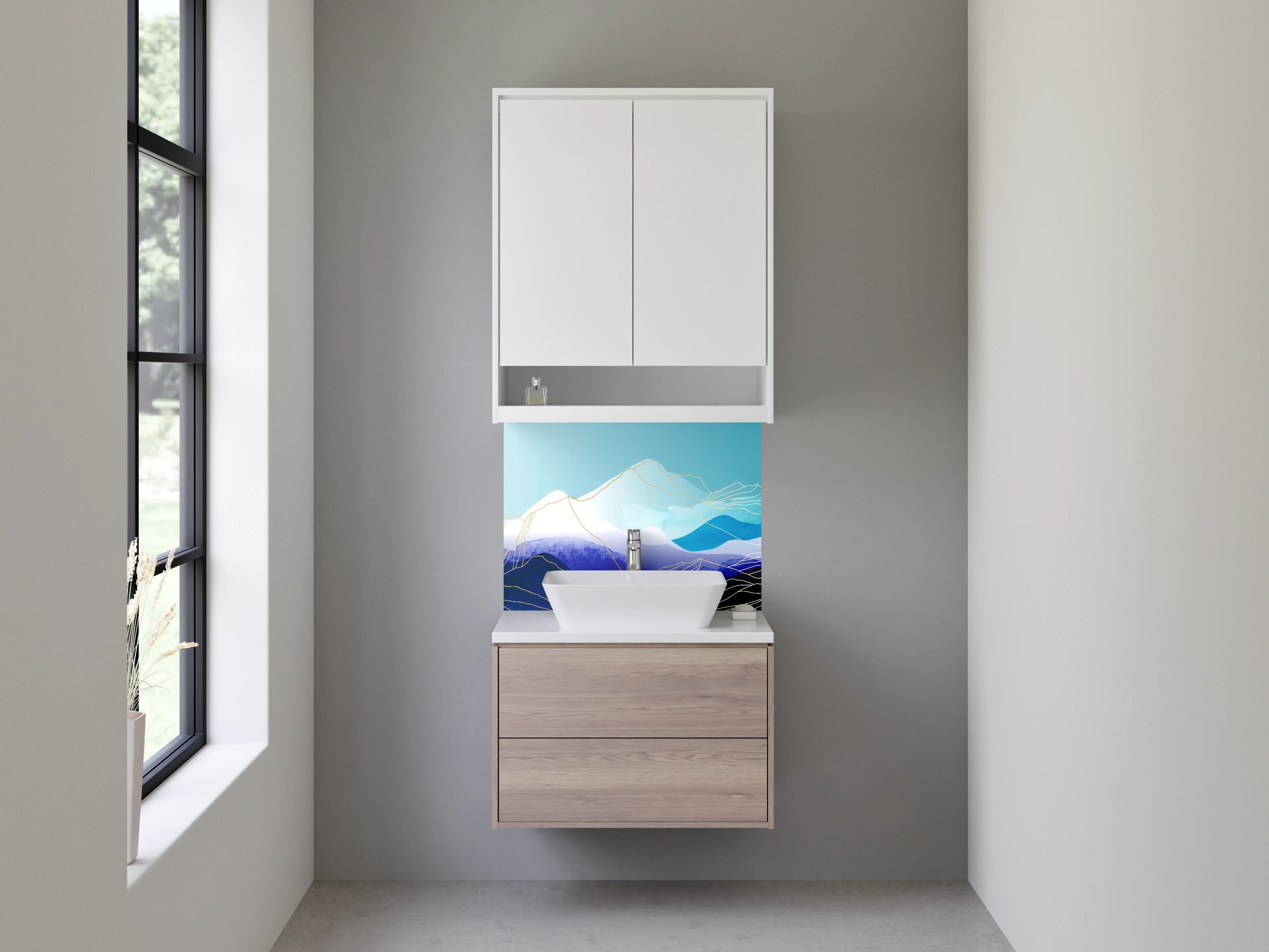 Waschbecken-Rückwand - Sanfte Bergen in Blau und Grau