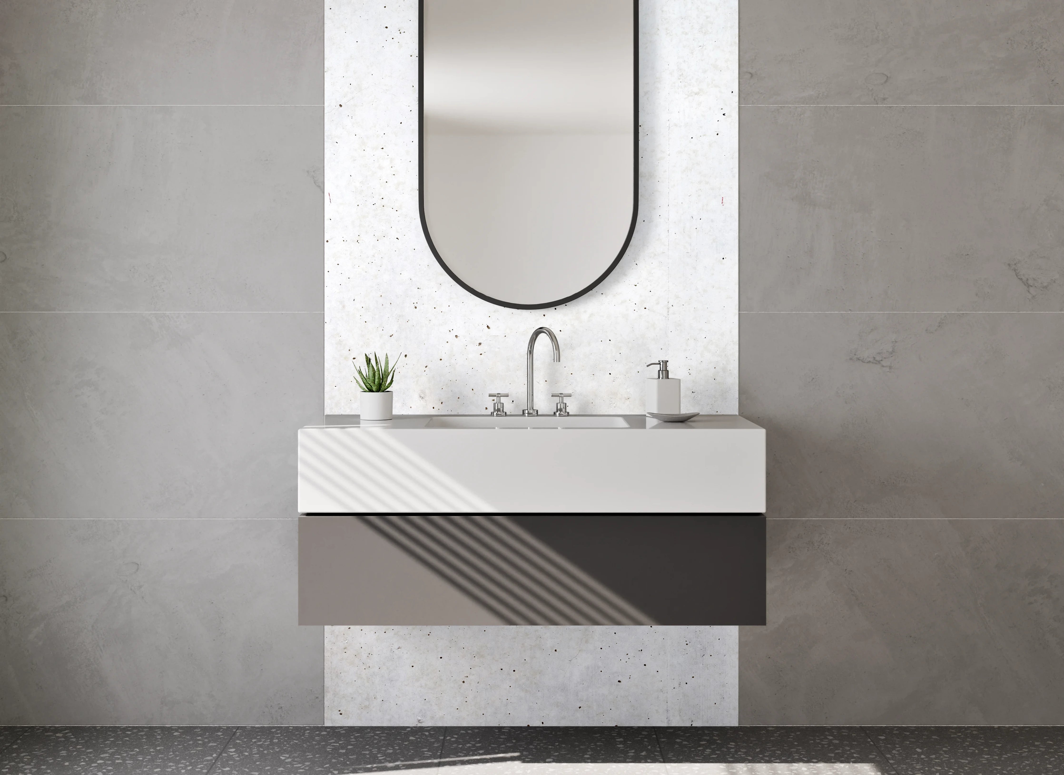 Waschbecken-Rückwand - Sanfte Grauschattierungen in Weißminimalismus