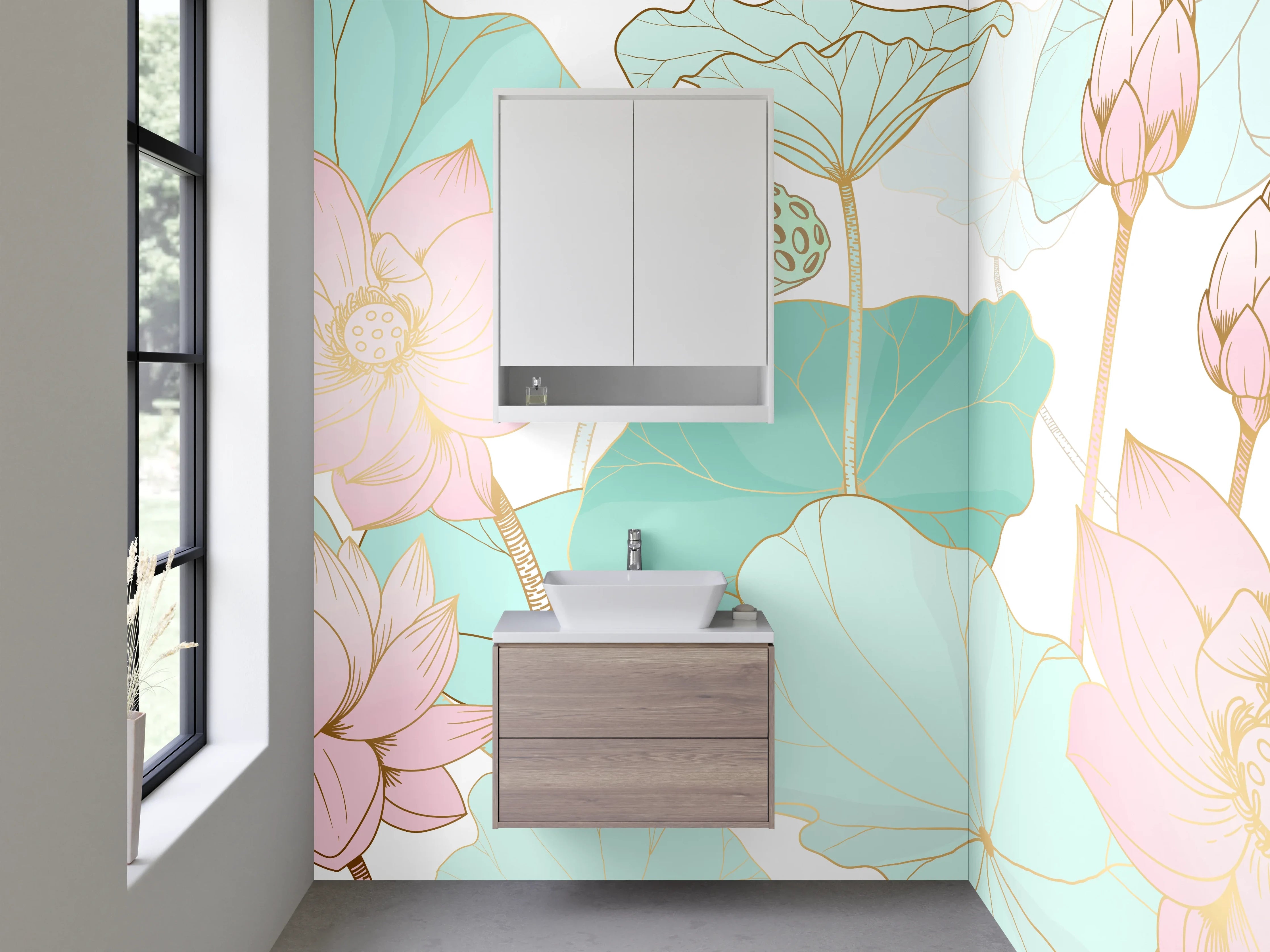 Waschbecken-Rückwand - Sanfte Lotus- und Wasserpflanzen-Kunst im Pastellstil