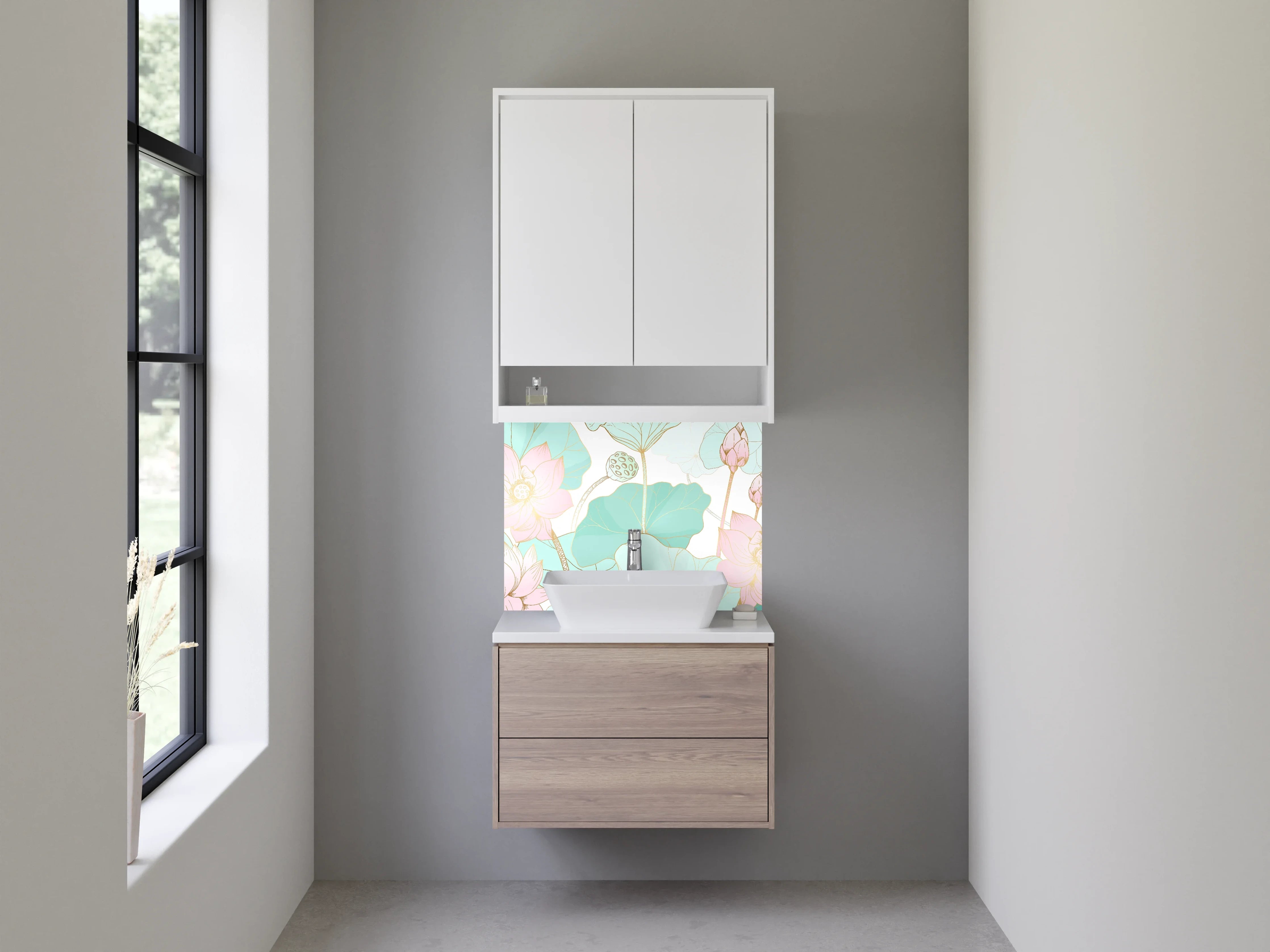 Waschbecken-Rückwand - Sanfte Lotus- und Wasserpflanzen-Kunst im Pastellstil