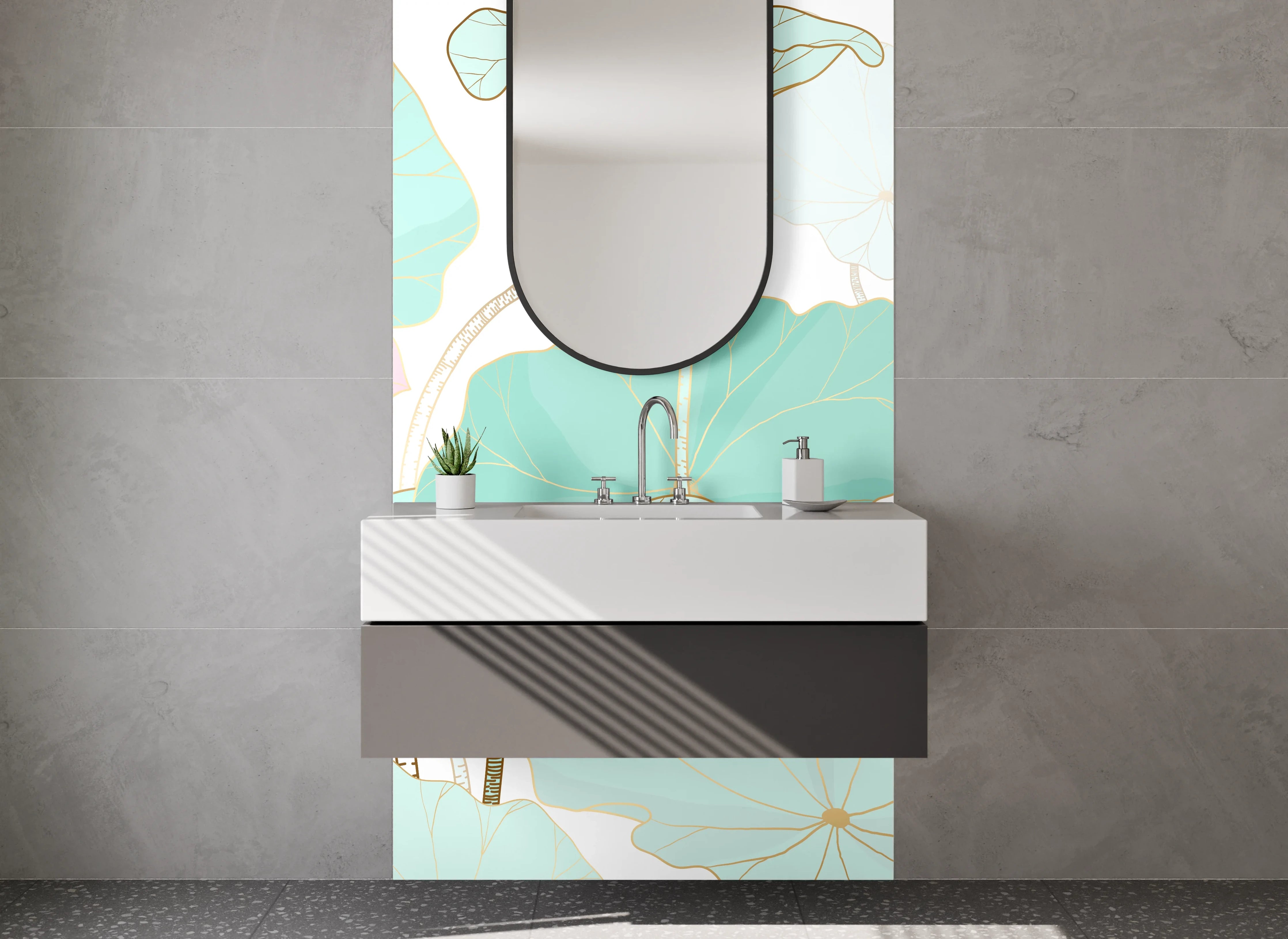 Waschbecken-Rückwand - Sanfte Lotus- und Wasserpflanzen-Kunst im Pastellstil