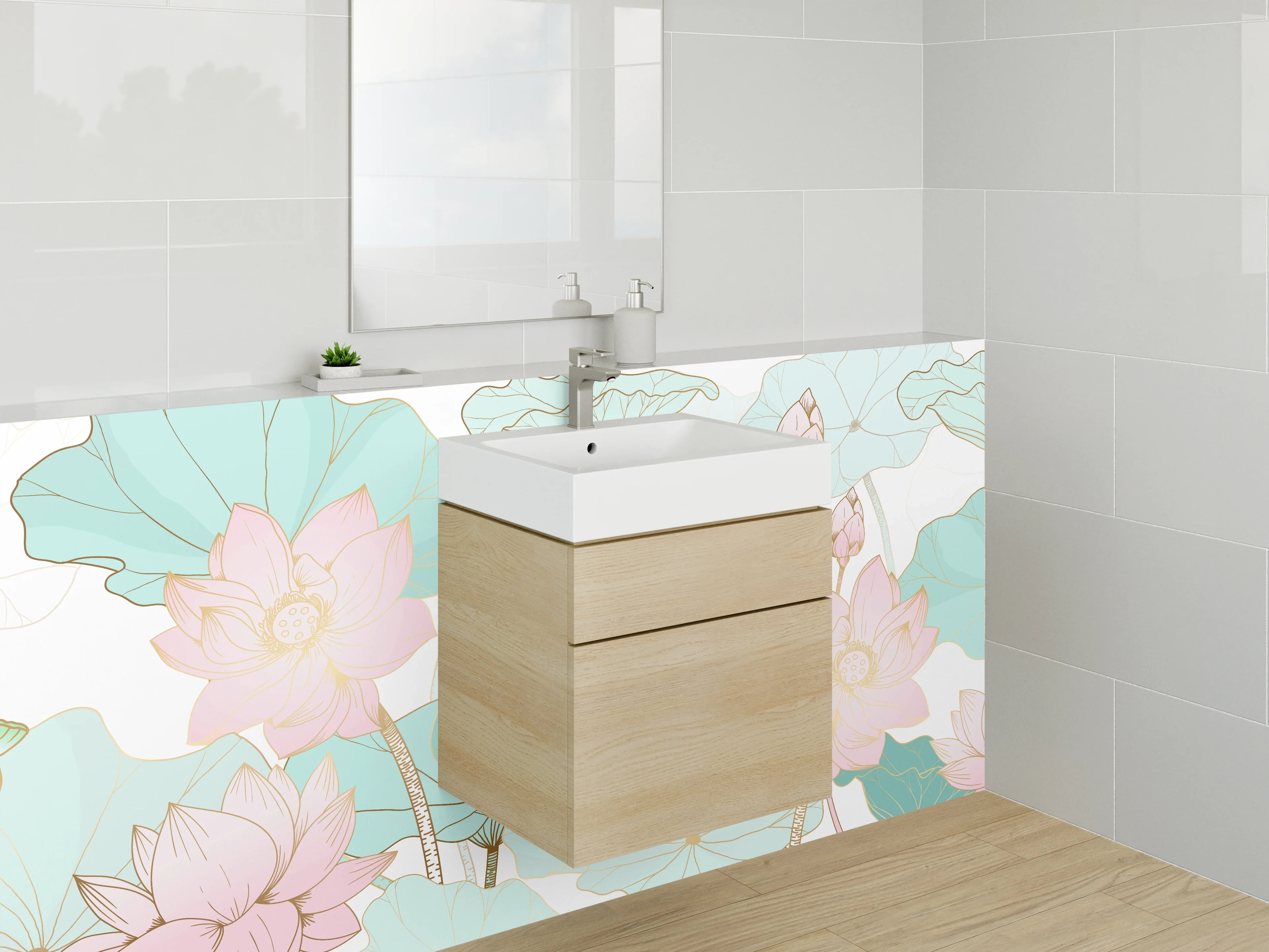 Waschbecken-Rückwand - Sanfte Lotus- und Wasserpflanzen-Kunst im Pastellstil