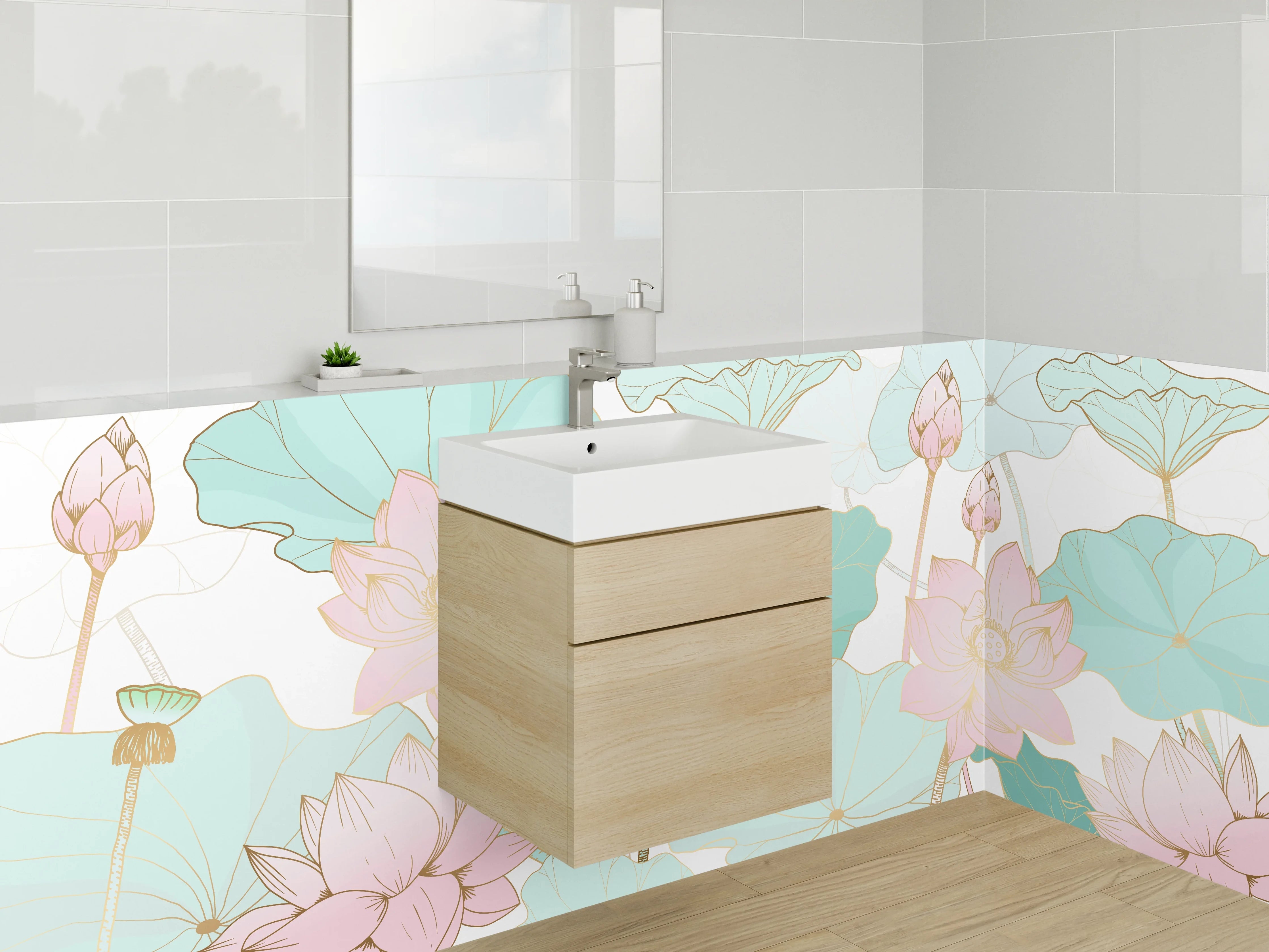 Waschbecken-Rückwand - Sanfte Lotus- und Wasserpflanzen-Kunst im Pastellstil