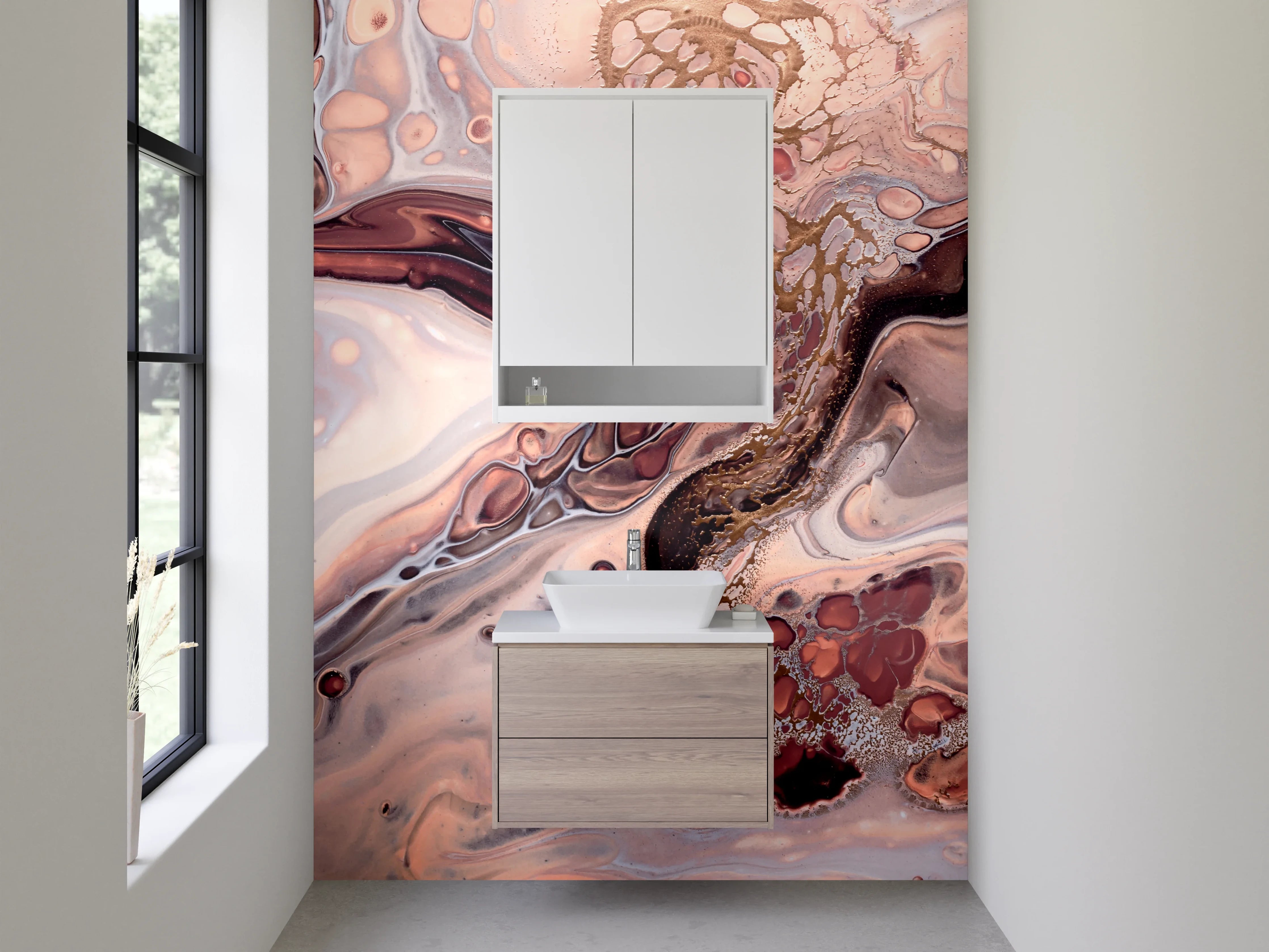 Waschbecken-Rückwand - Sanfte Marmorschleier in Taupe und Grau