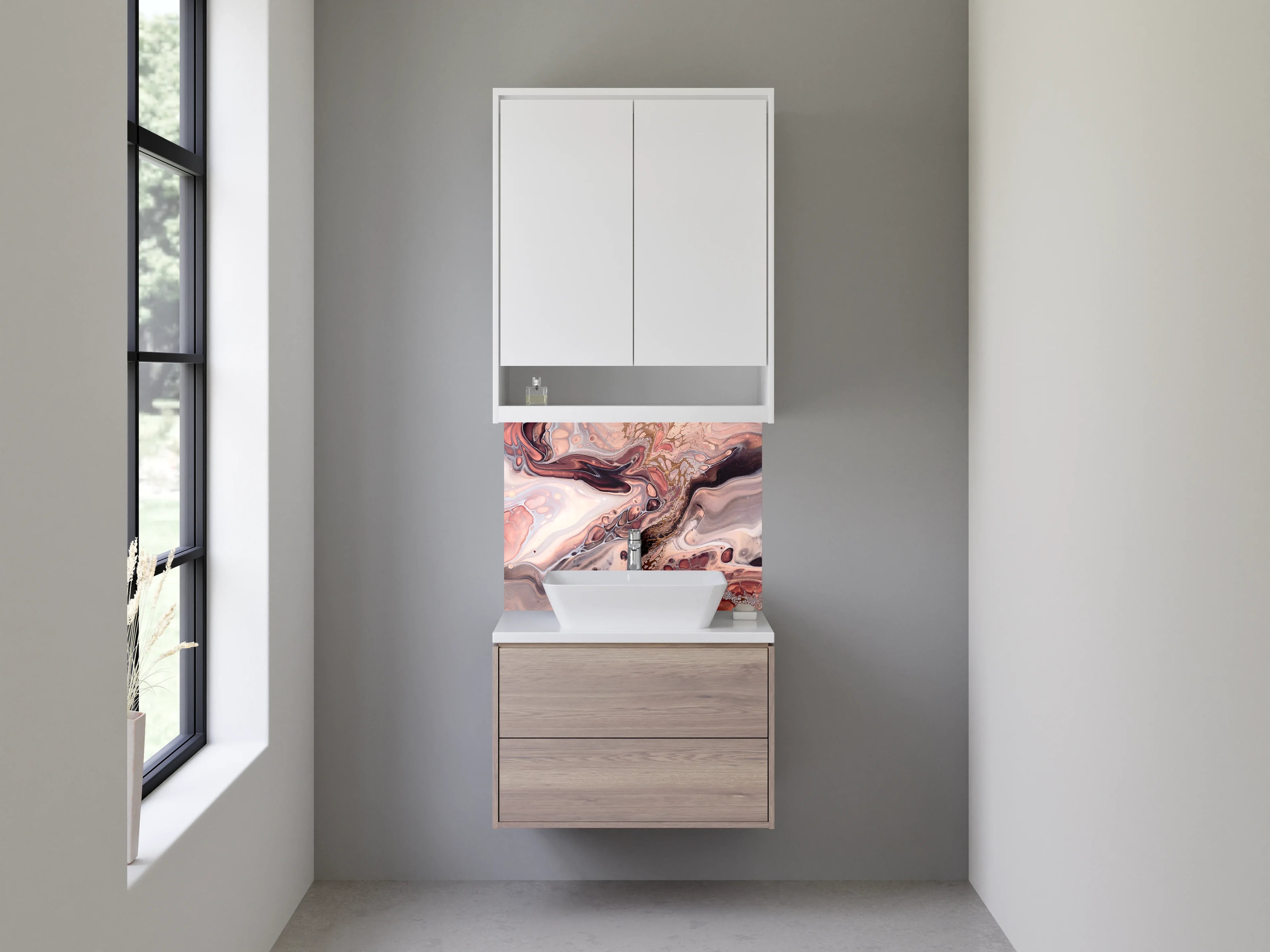 Waschbecken-Rückwand - Sanfte Marmorschleier in Taupe und Grau