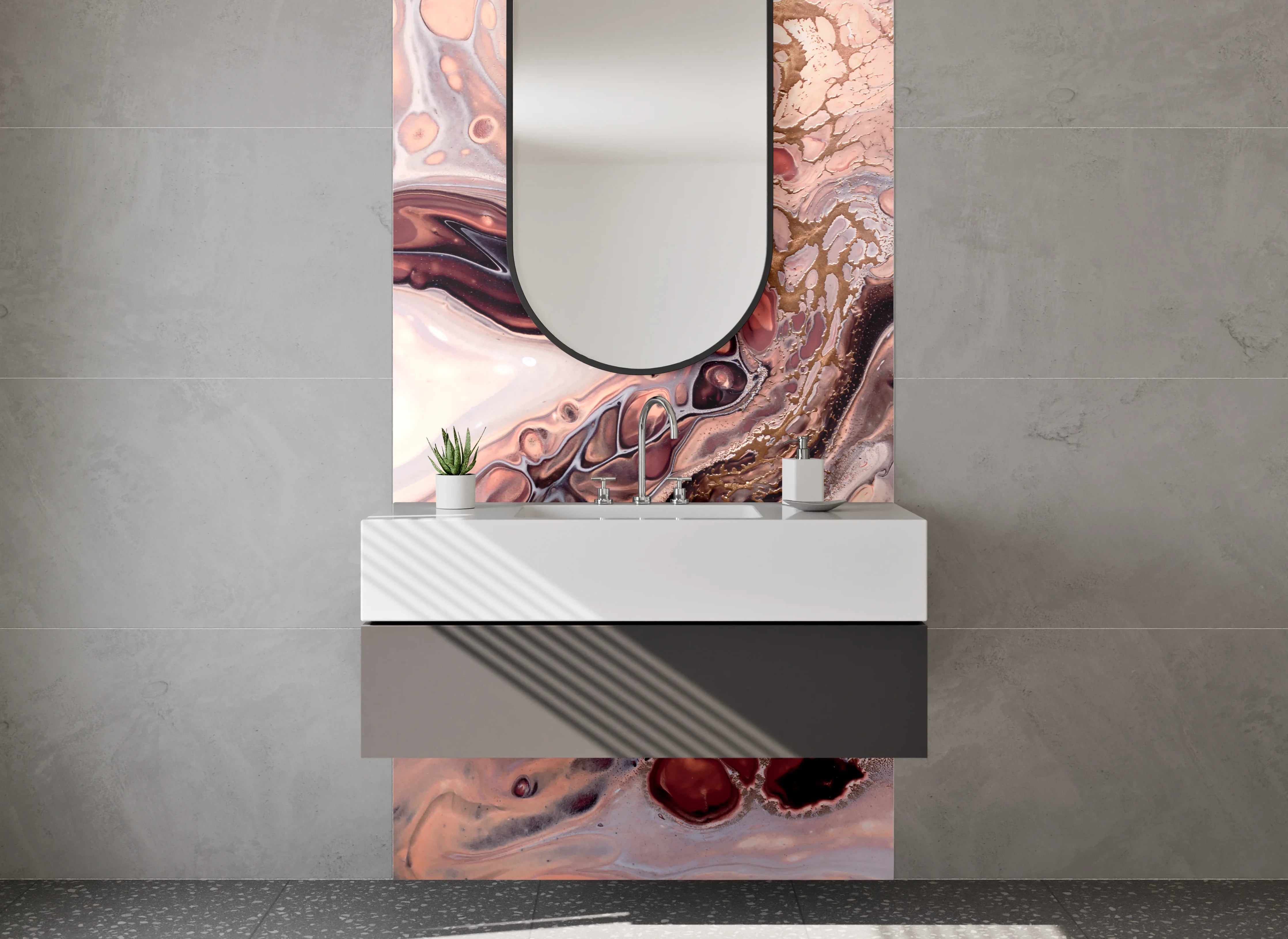 Waschbecken-Rückwand - Sanfte Marmorschleier in Taupe und Grau