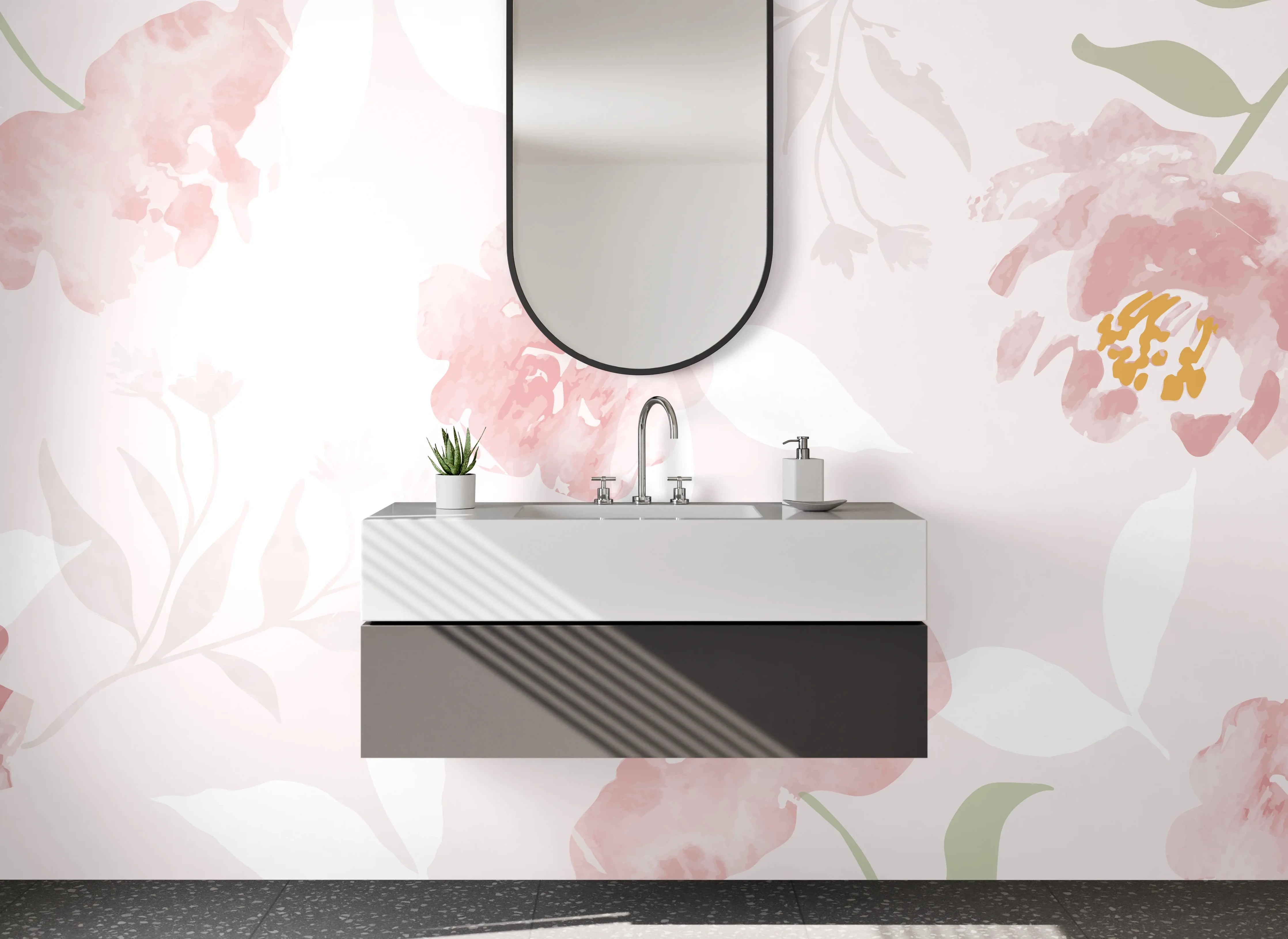 Waschbecken-Rückwand - Sanfte Pastellblumen mit rosa Akzenten