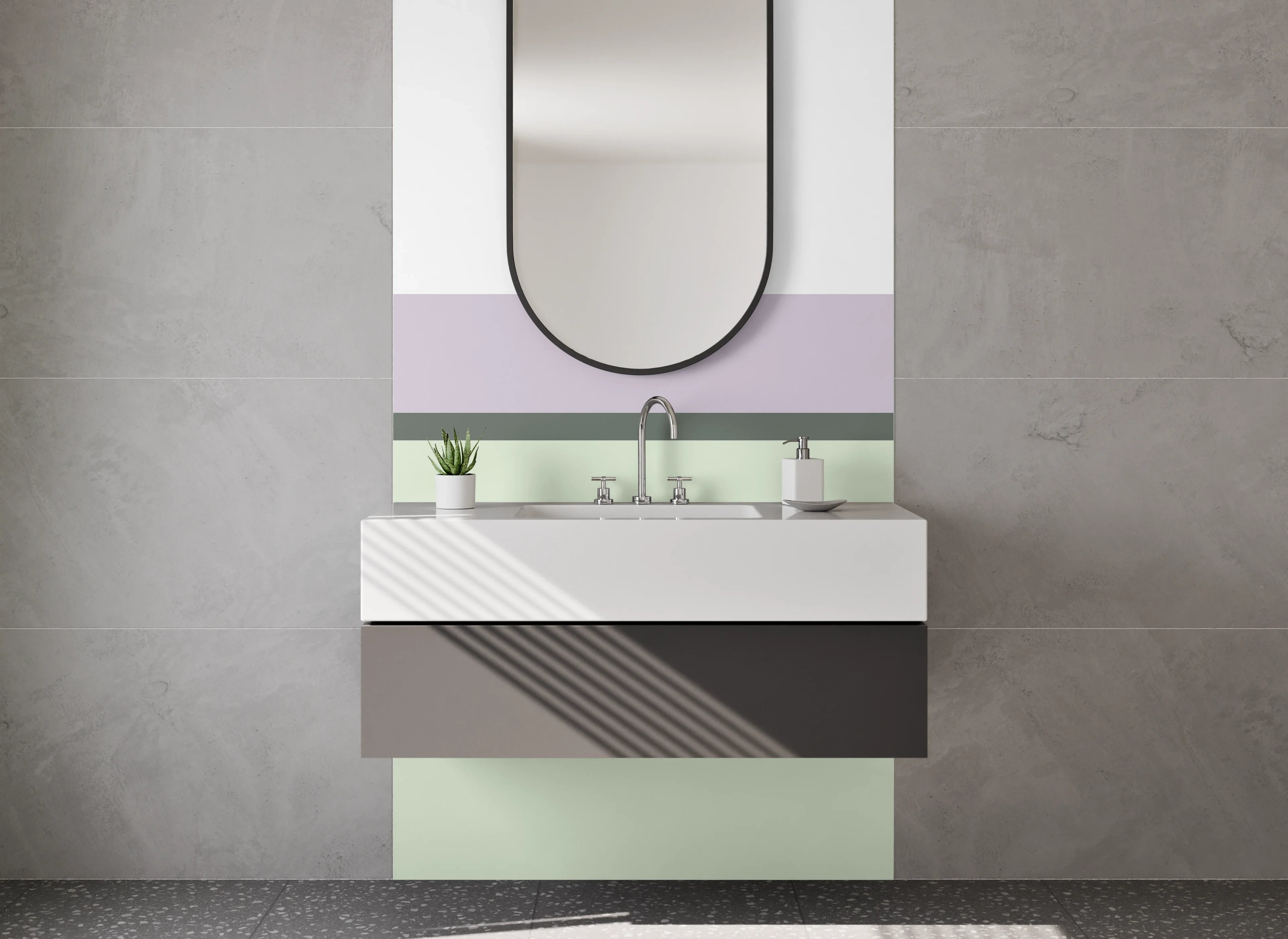 Waschbecken-Rückwand - Sanfte Pastellfarben mit Grau- und Lilatönen