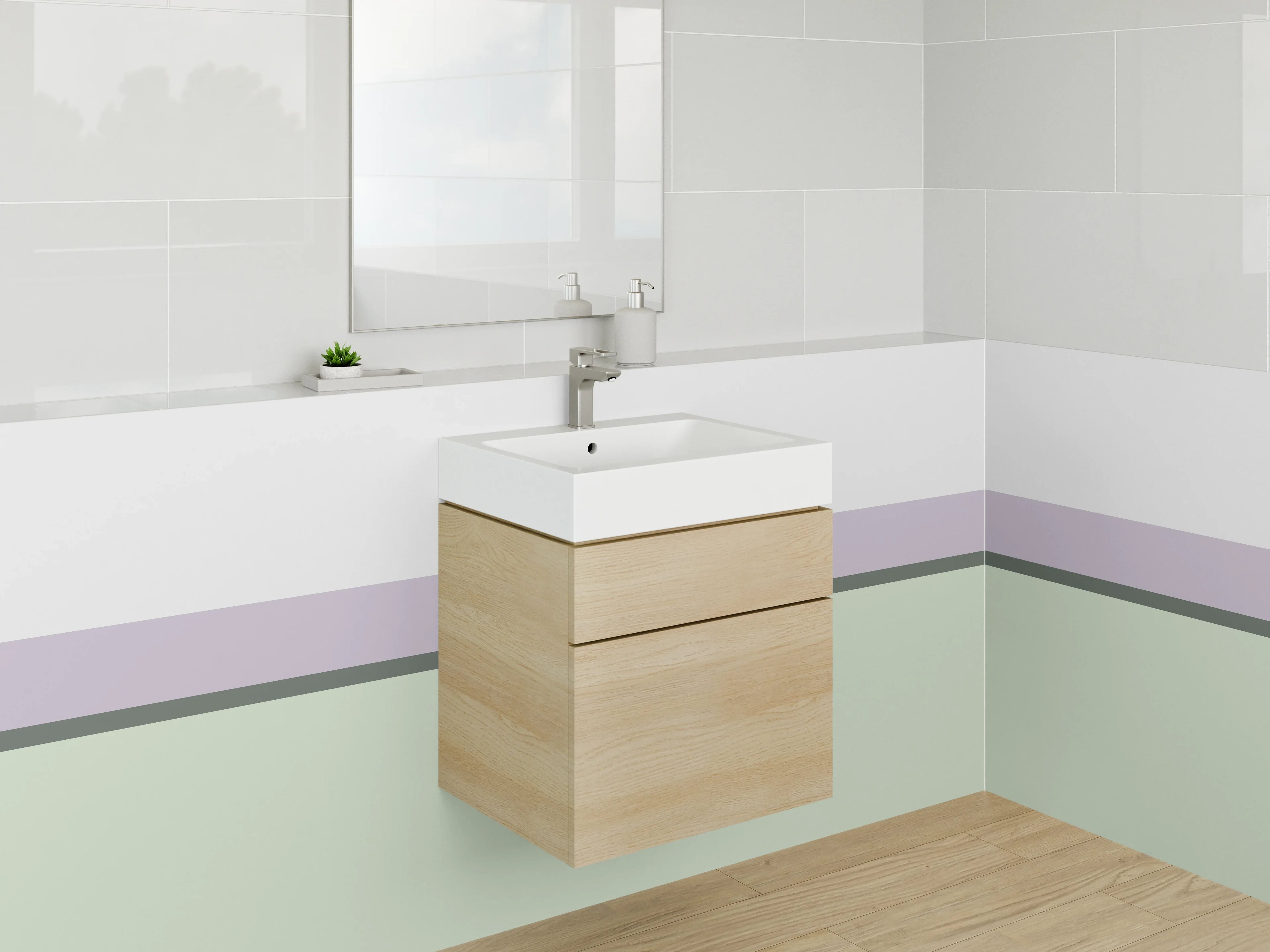 Waschbecken-Rückwand - Sanfte Pastellfarben mit Grau- und Lilatönen