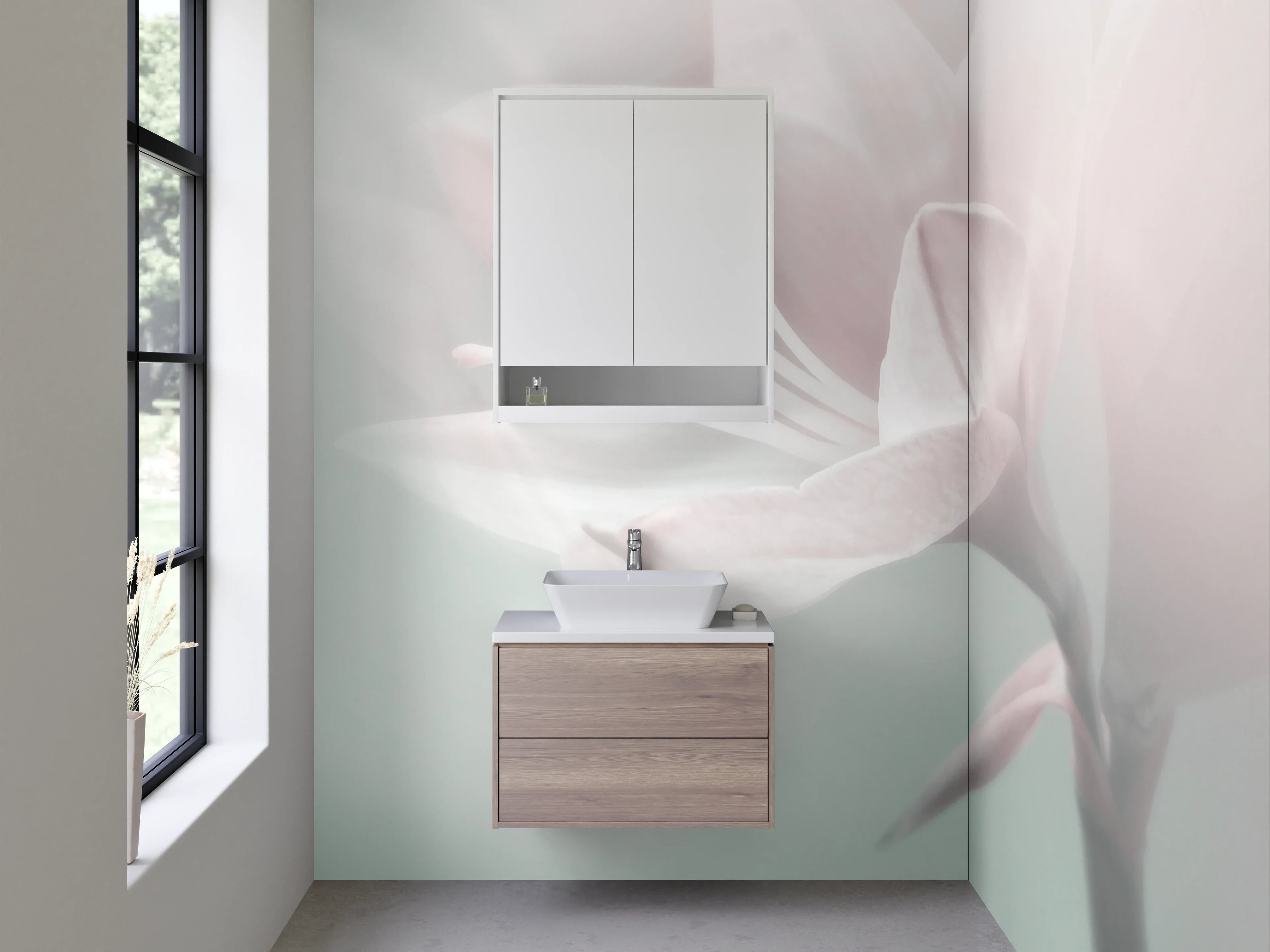 Waschbecken-Rückwand - Sanfte Pfingstrosenblüte in zarten Pastellfarben