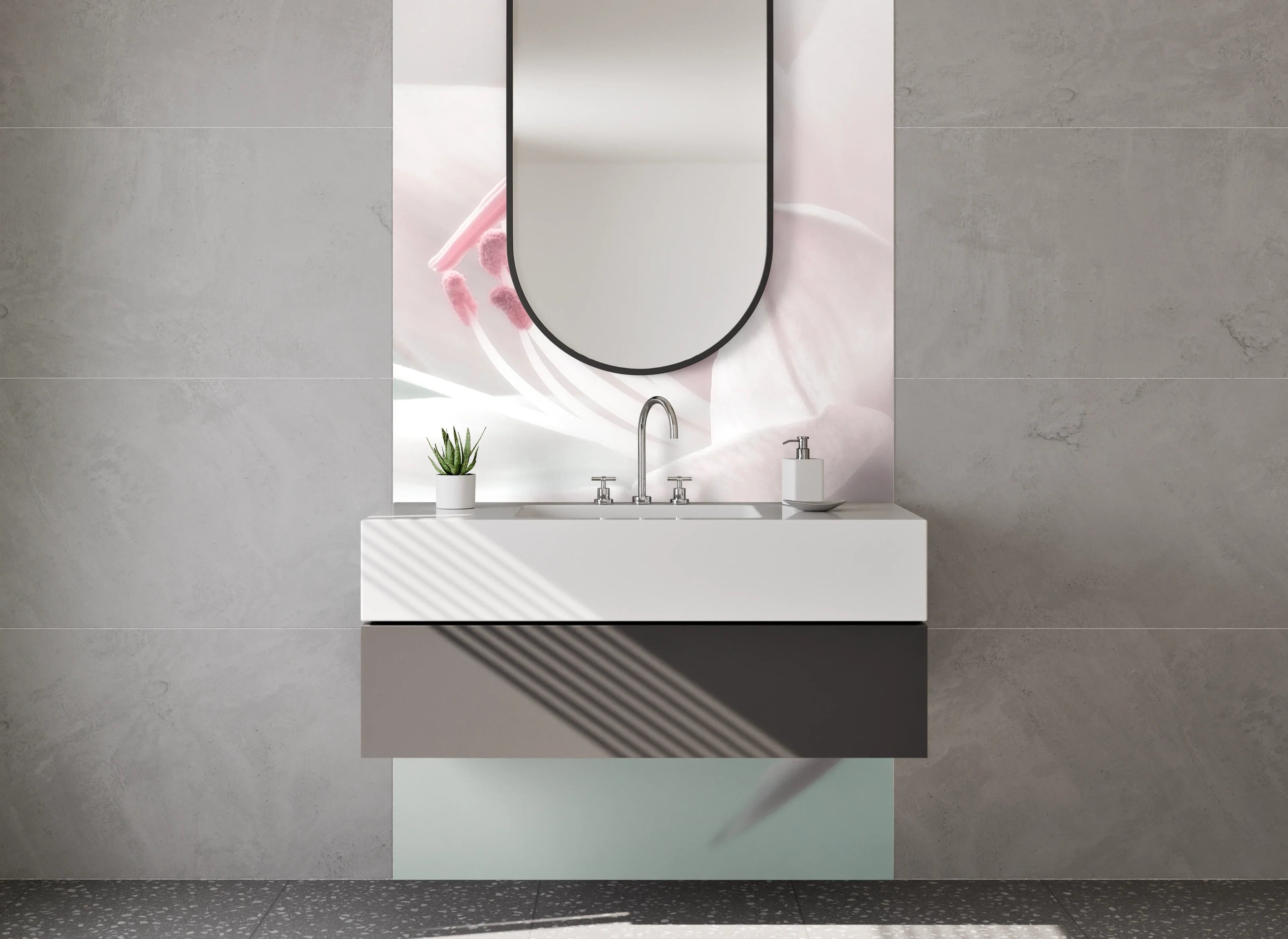 Waschbecken-Rückwand - Sanfte Pfingstrosenblüte in zarten Pastellfarben