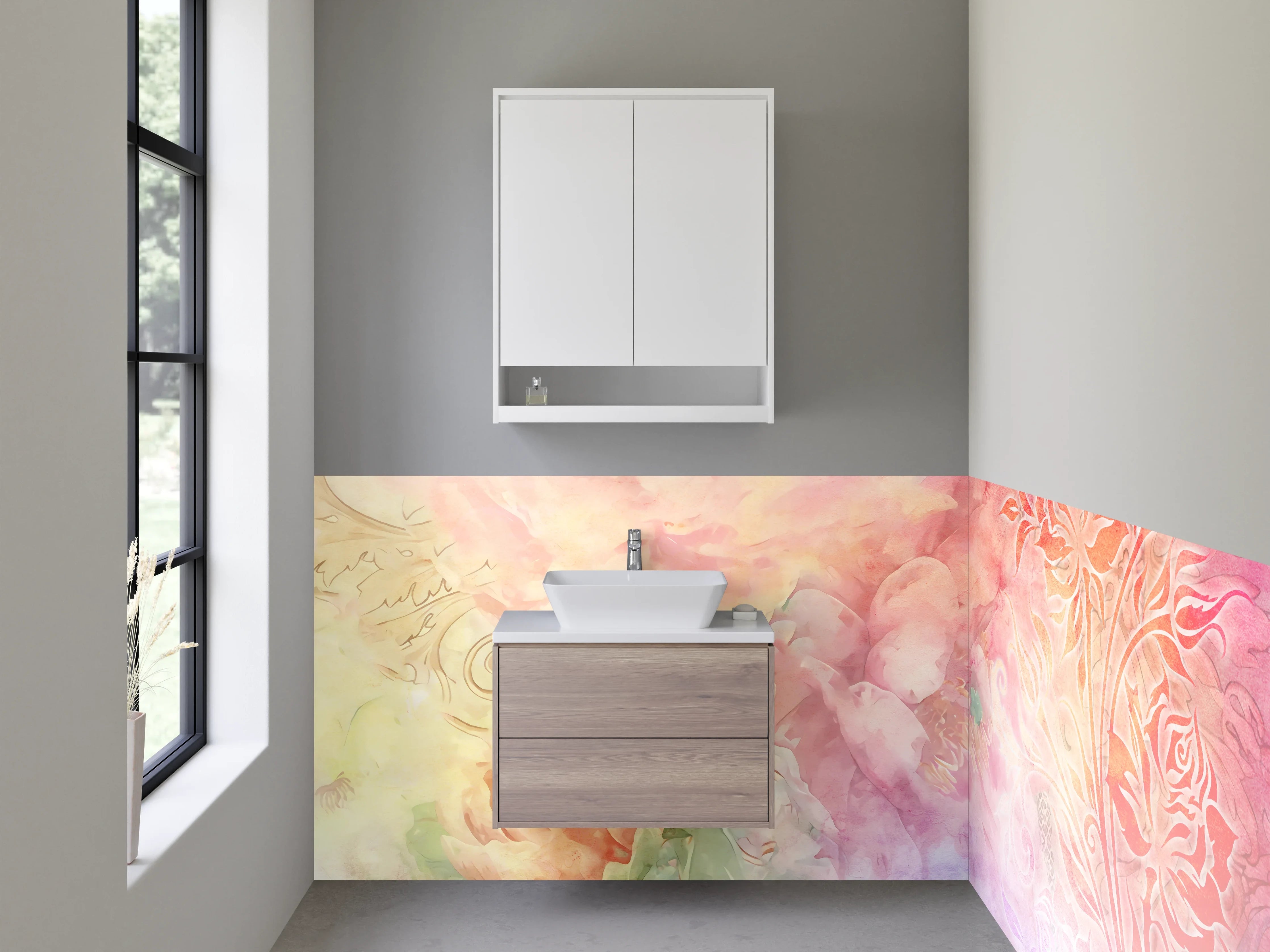 Waschbecken-Rückwand - Sanfte Wasserfarben mit floralen Akzenten und Ornamenten