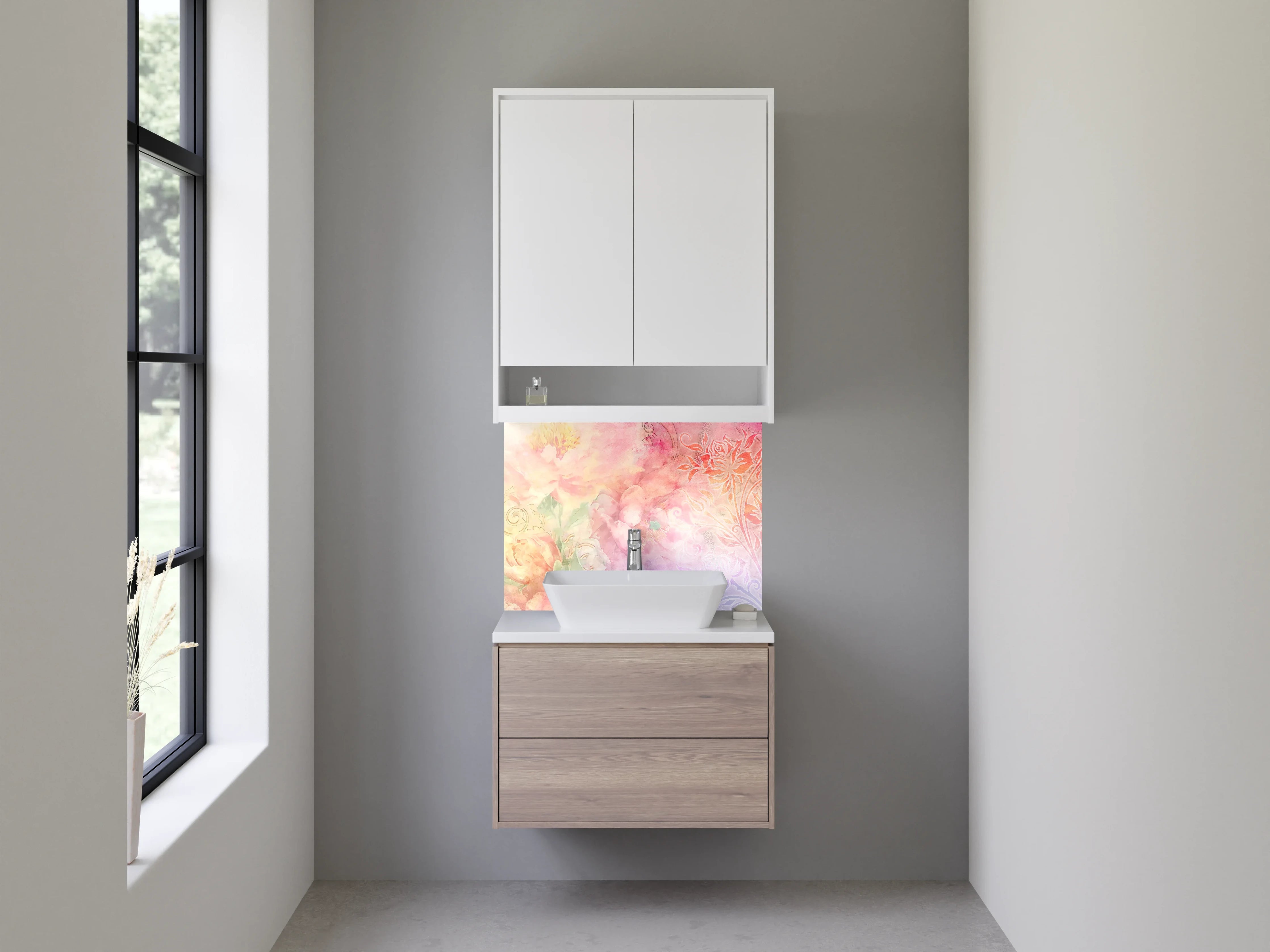 Waschbecken-Rückwand - Sanfte Wasserfarben mit floralen Akzenten und Ornamenten