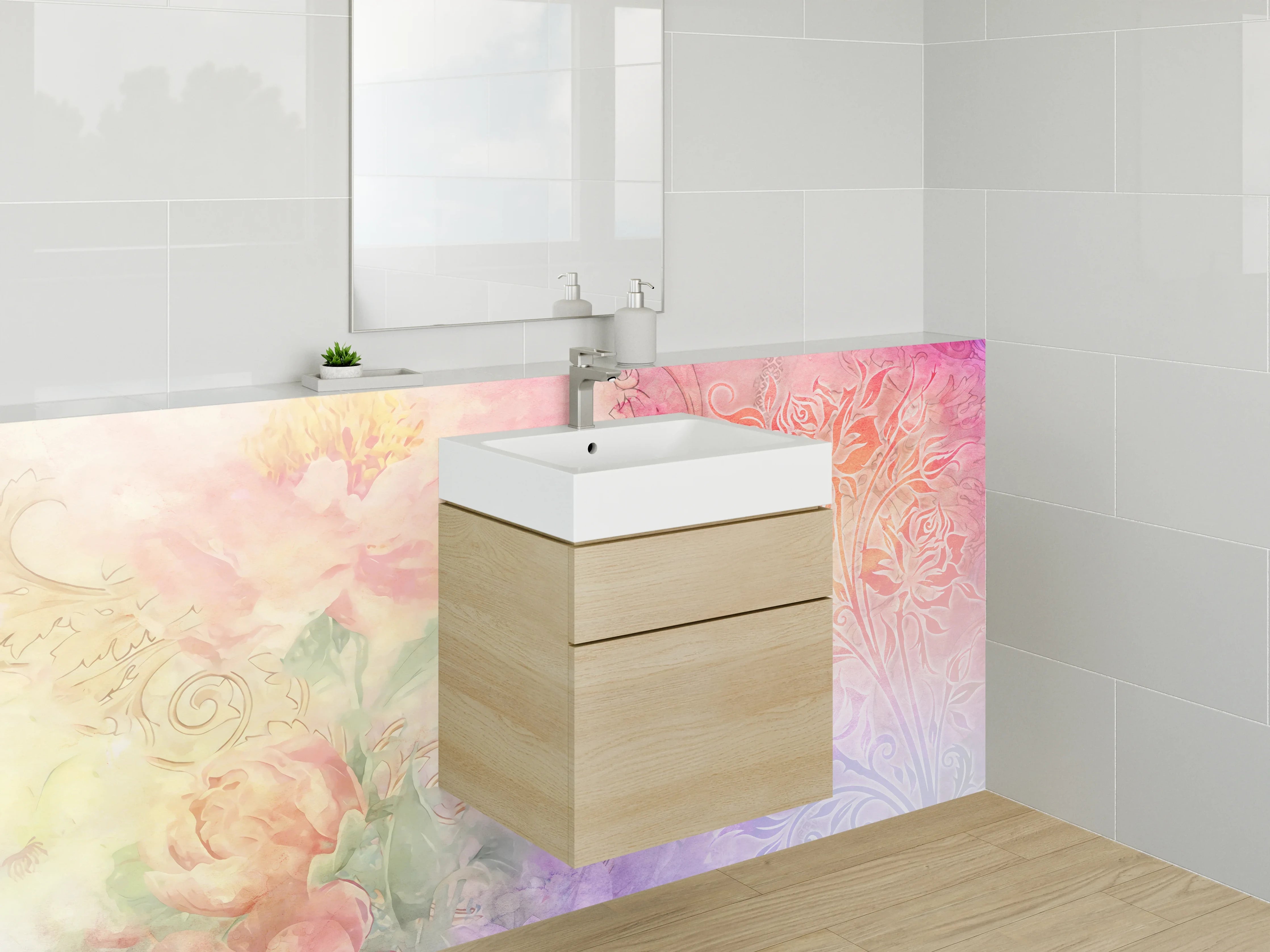 Waschbecken-Rückwand - Sanfte Wasserfarben mit floralen Akzenten und Ornamenten