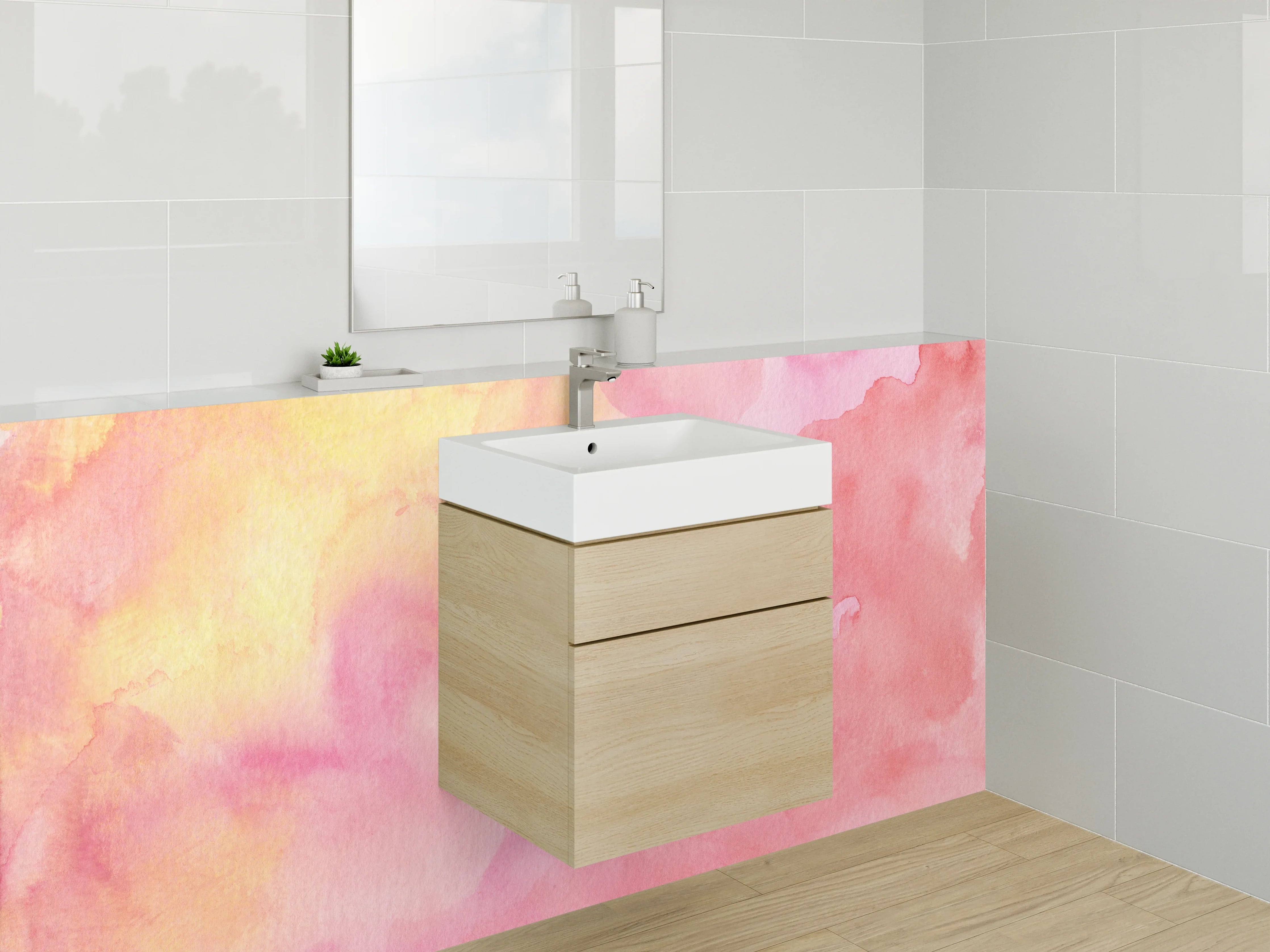 Waschbecken-Rückwand - Sanfte Wasserfarbentöne in Pink und Gelb