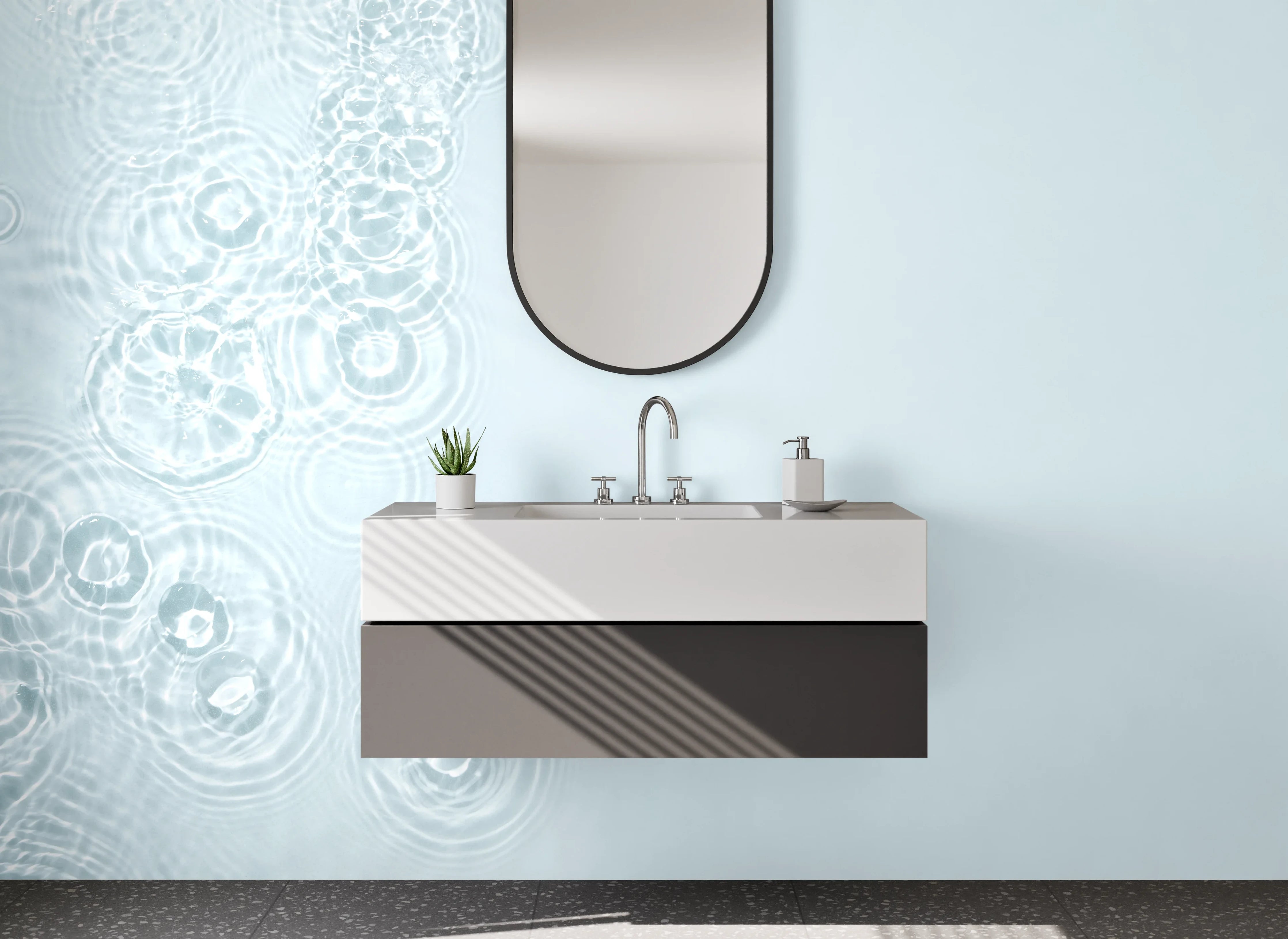 Waschbecken-Rückwand - Sanfte Wasserwellen in Weiß und Blau