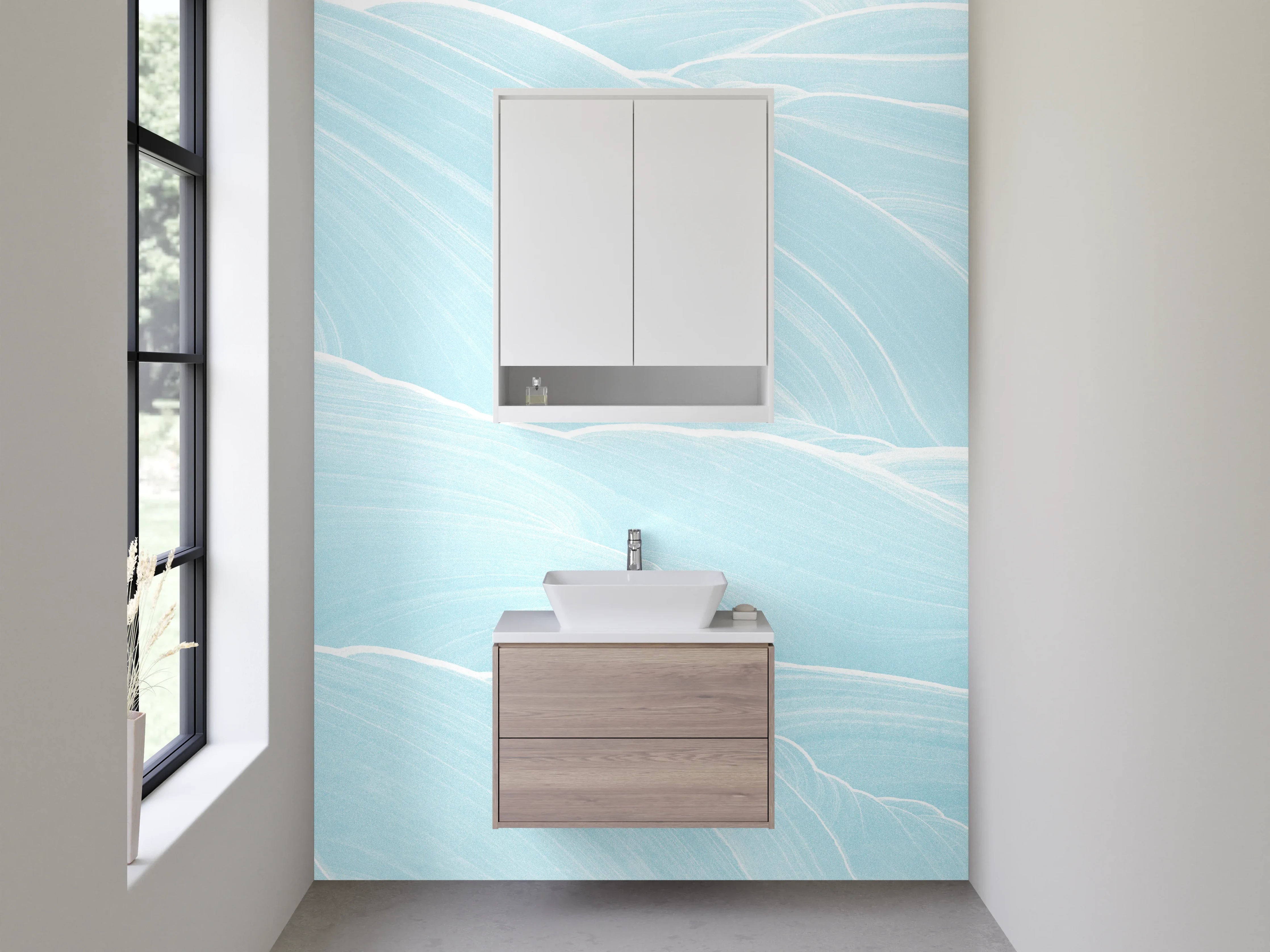 Waschbecken-Rückwand - Sanfte Wellen in Eisblau Optik